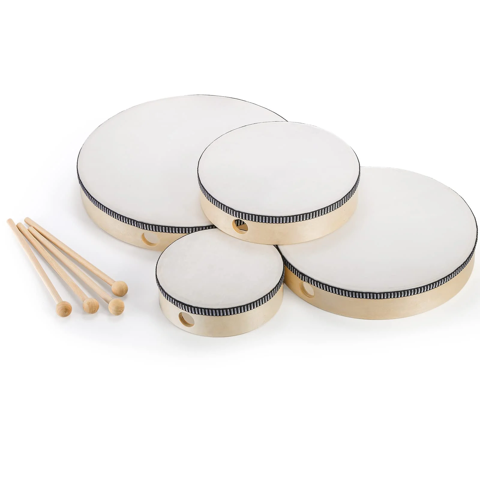 Foraineam 4 Pack Hand Drum 12 Inch 10 Inch 8 Inch 6 Inch Wood Drum Set Musical Educational Percussion Instrument Wooden Frame Drum with Drum Sticks for Home Party Supplies - Image 5