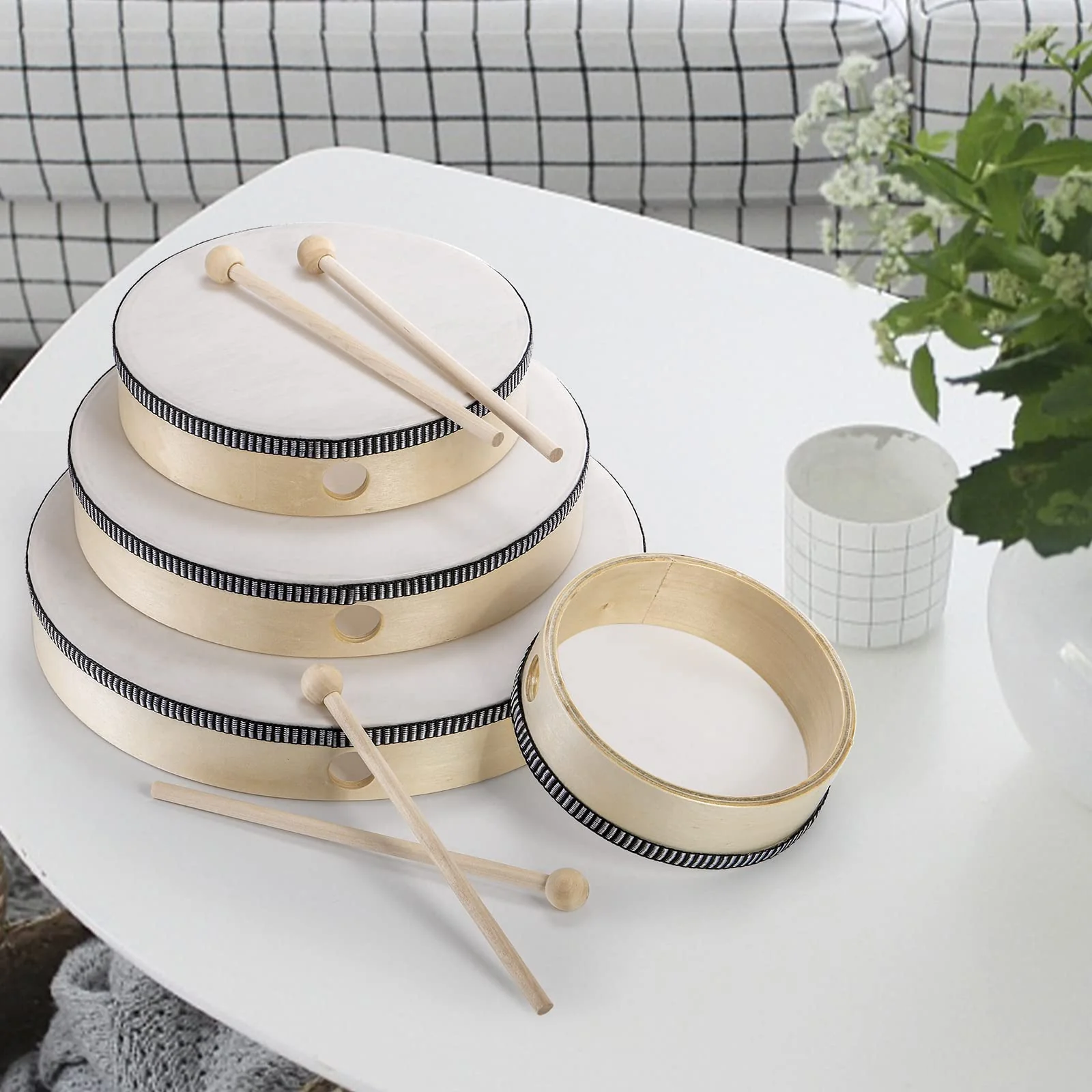 Foraineam 4 Pack Hand Drum 12 Inch 10 Inch 8 Inch 6 Inch Wood Drum Set Musical Educational Percussion Instrument Wooden Frame Drum with Drum Sticks for Home Party Supplies - Image 7