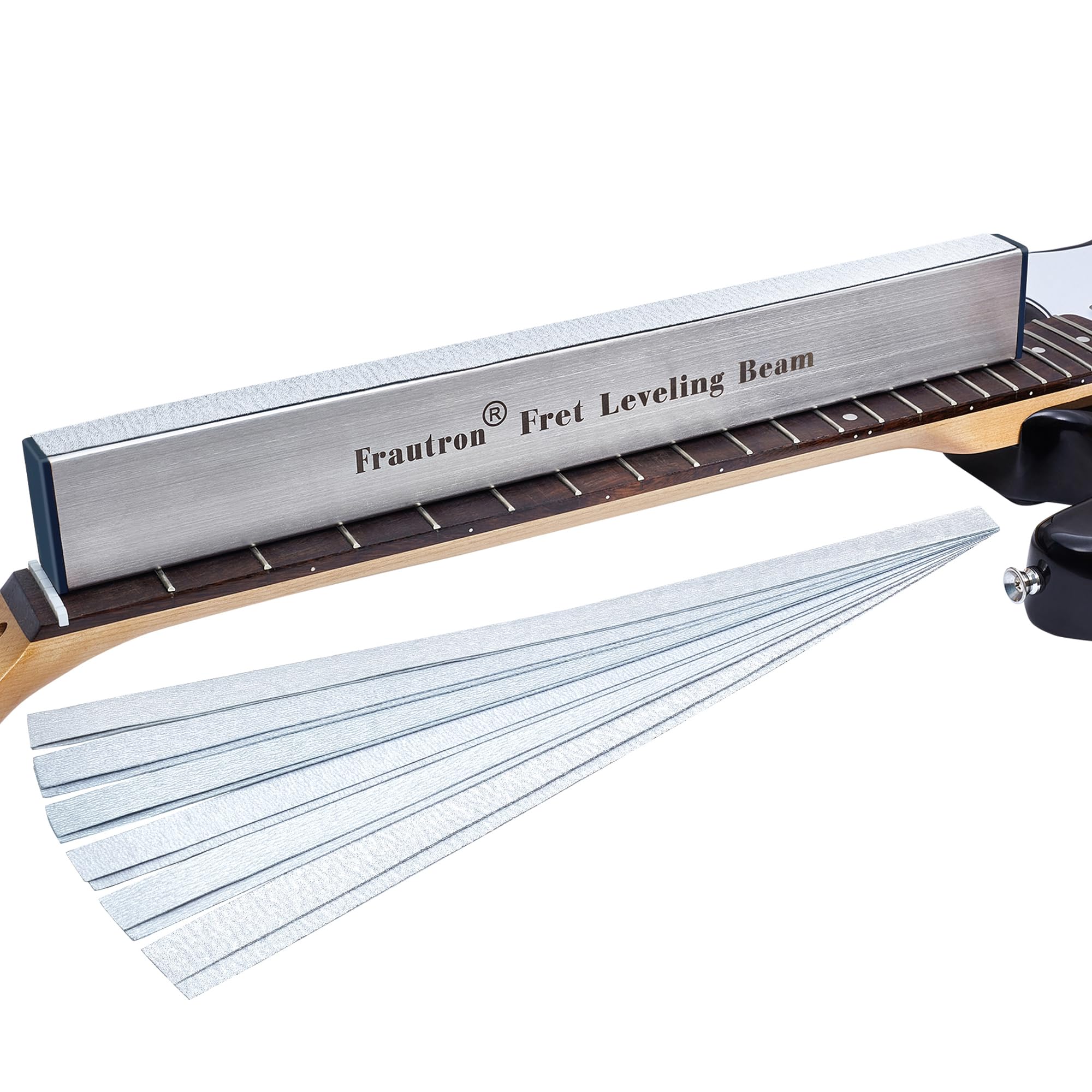 Fret Leveling Beam, 16 Inch Stainless Steel Fret Leveler Sanding Block, Guitar Fret Level File Bar Luthier Repair Tool with 2-Set of 120/240/320/400/600/1000 Grit Replacement Sandpaper Stainless Steel Fret Leveler-16"x2"x1"