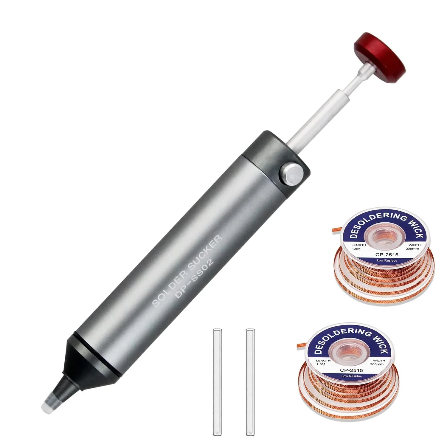 FrogBro Desoldering Pump, Non-Clogging Solder Sucker, 2 Silicone Nozzles, 2 Desoldering Wires, Heat Resistant, 0.04 MPa Super Suction TIPS Desoldering Pump Kit