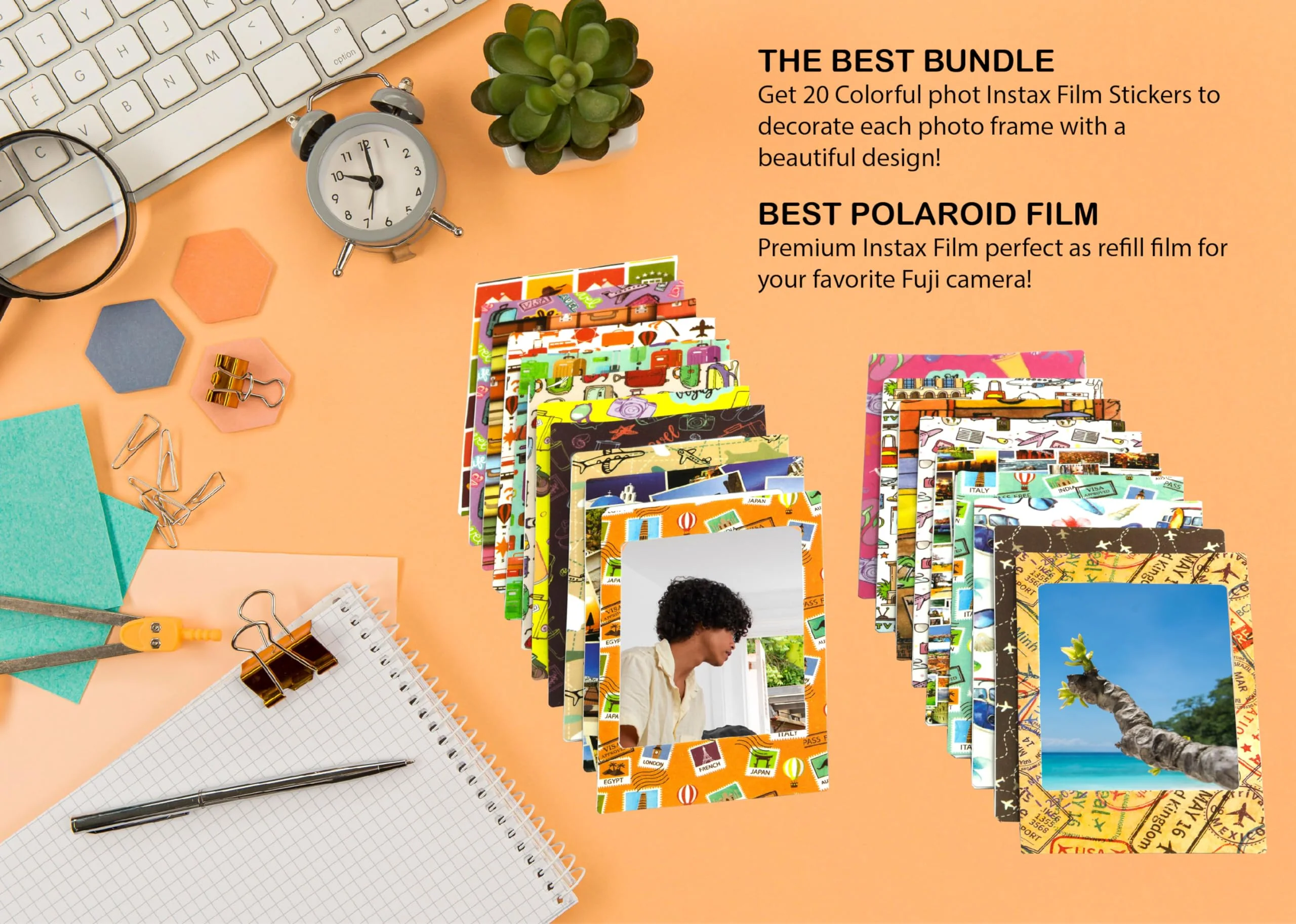 Fujifilm Instax Mini Instant Film 20 Exposures, 20 Sticker Frames for Fuji Instax Prints, Bundle - Image 7
