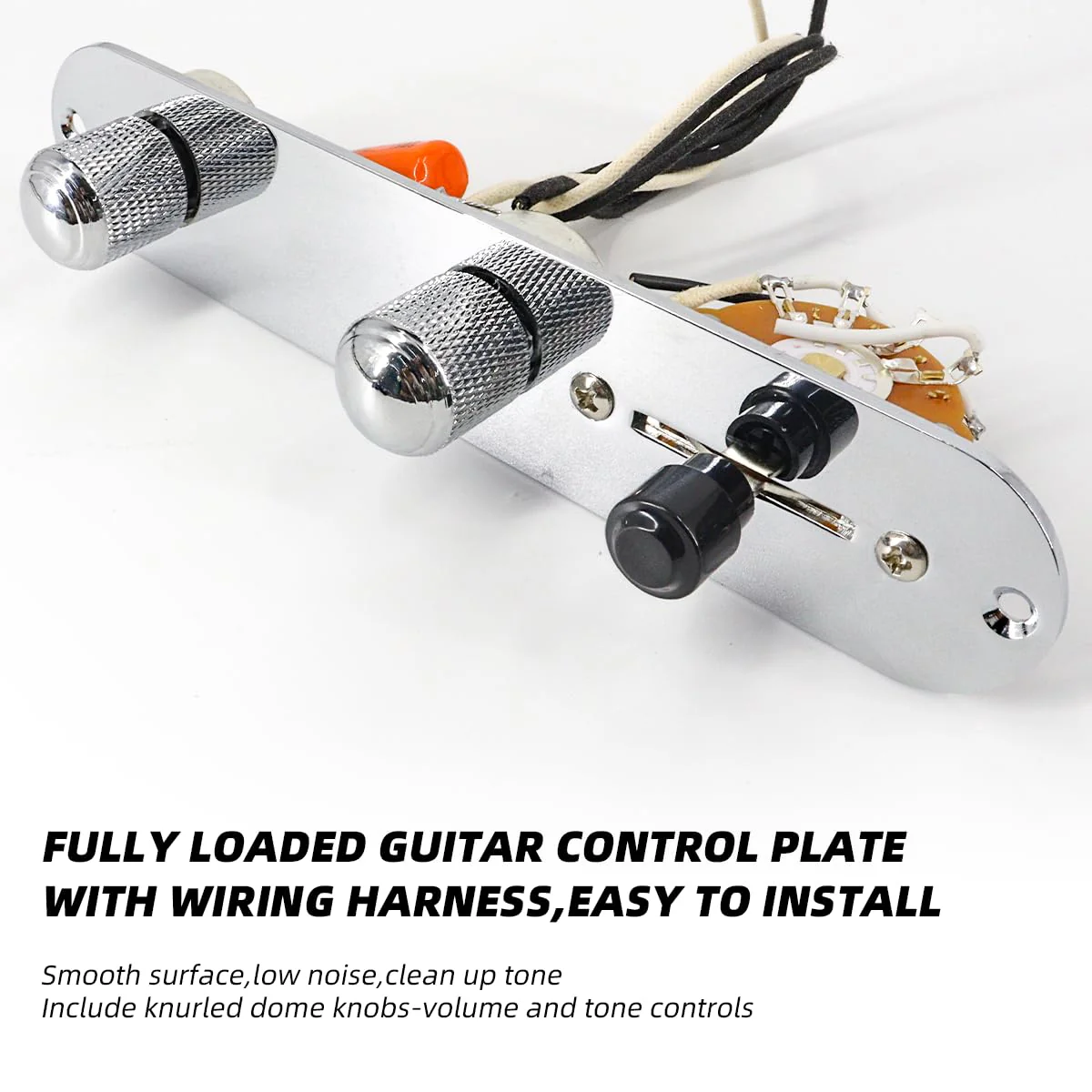 Fully Loaded Guitar Control Plate Prewired 3-Way Switch 250K Large Potentiometers Knurled Volume Tone Controls Knobs for Tele/Telecaster Electric Guitar Parts Replacement (Chrome) Chrome - Image 3