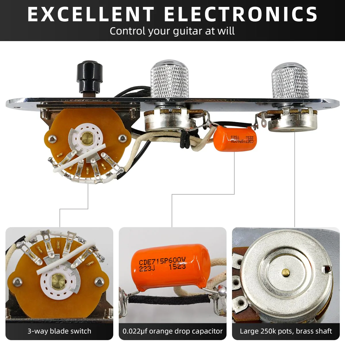 Fully Loaded Guitar Control Plate Prewired 3-Way Switch 250K Large Potentiometers Knurled Volume Tone Controls Knobs for Tele/Telecaster Electric Guitar Parts Replacement (Chrome) Chrome - Image 5