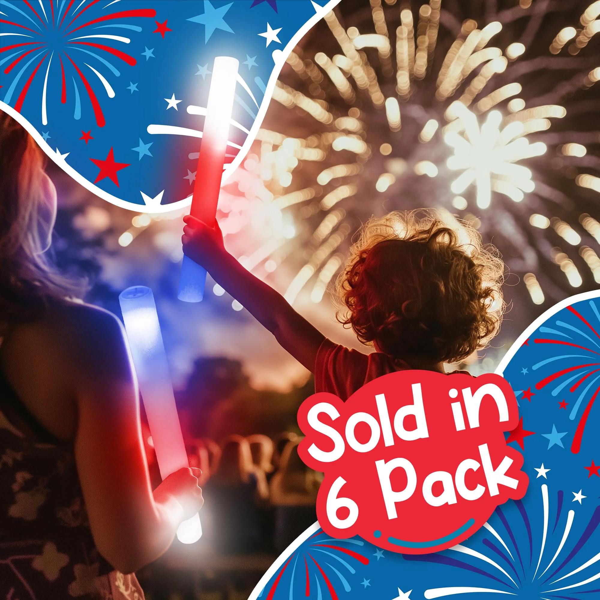 Fun Central 6 Pack LED Foam Stick Baton Red/White/Blue Red, White, Blue - Image 3