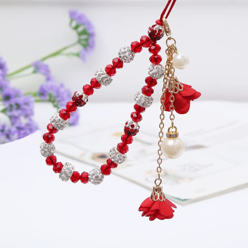 Fuqimanman2020 1-2 pieces of crystal flower mobile phone strap with female decorative pendant, cute car keychain red - Image 3