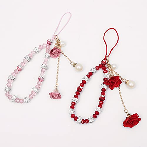 Fuqimanman2020 1-2 pieces of crystal flower mobile phone strap with female decorative pendant, cute car keychain red - Image 5