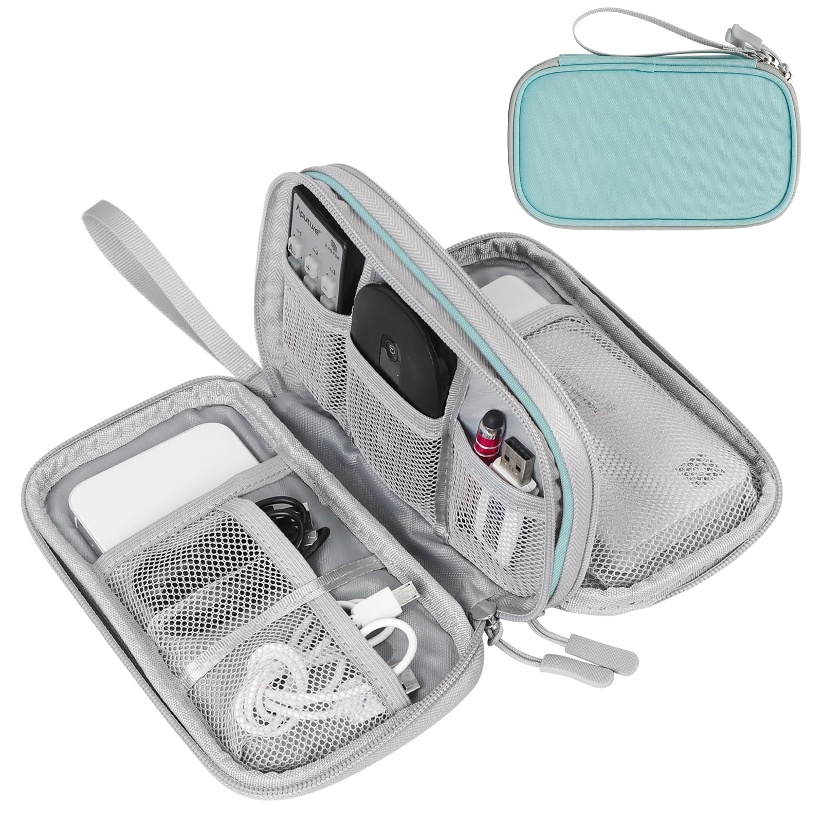 FYY Electronic Organizer, Travel Cable Organizer Bag Pouch Electronic Accessories Carry Case Portable Waterproof Double Layers All-in-One Storage Bag for Cable, Charger, Phone, Earphone, Mint Green Small