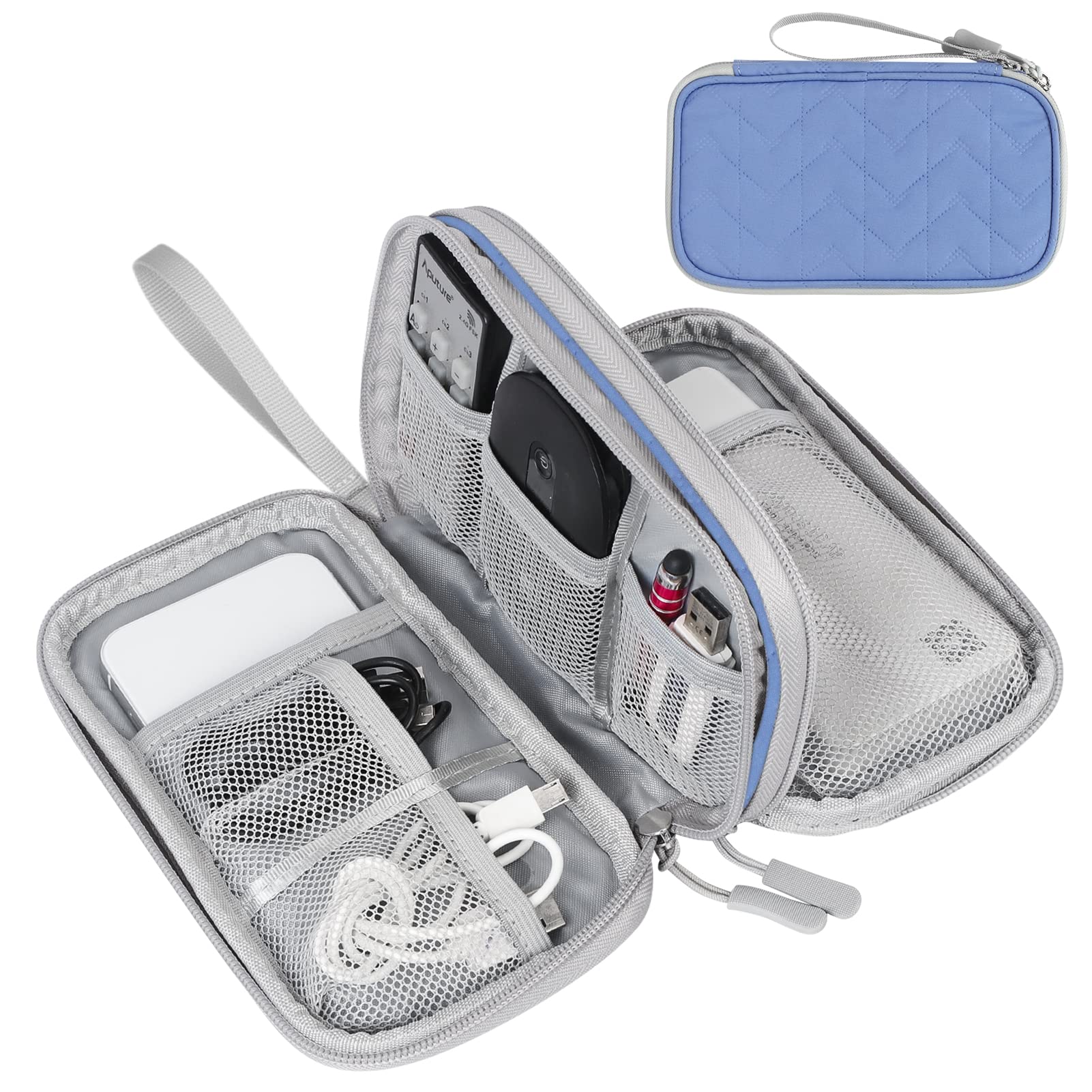 FYY Travel Cable Organizer Pouch Electronic Accessories Carry Case Portable Waterproof Double Layers All-in-One Storage Bag for Cord, Charger, Phone, Pattern Blue Small Blue-Pattern