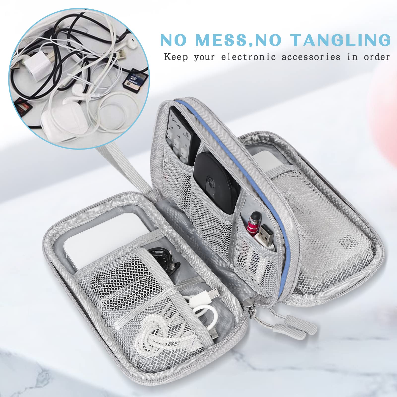 FYY Travel Cable Organizer Pouch Electronic Accessories Carry Case Portable Waterproof Double Layers All-in-One Storage Bag for Cord, Charger, Phone, Pattern Blue Small Blue-Pattern - Image 5
