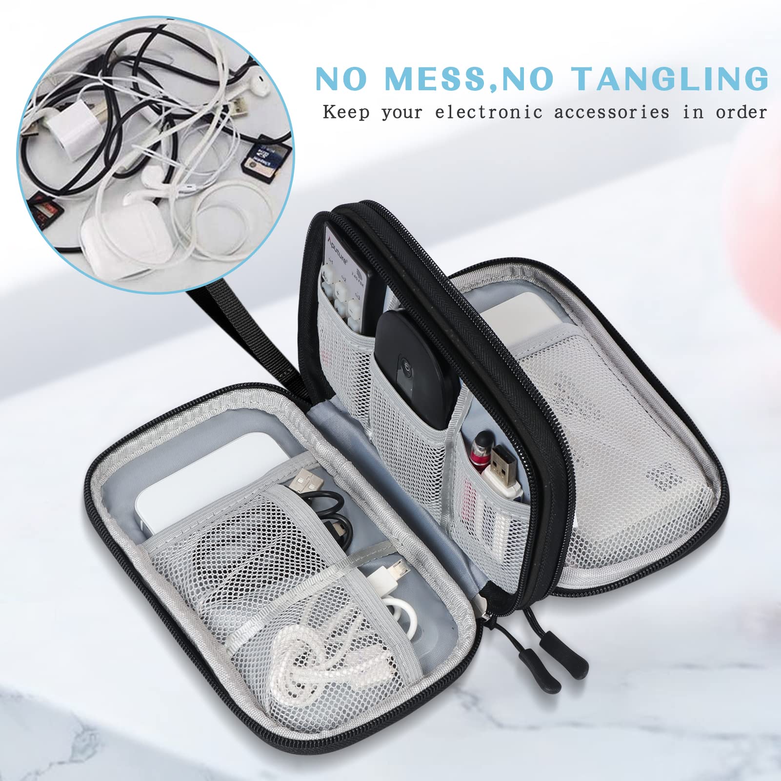FYY Travel Organizer Pouch Electronic Accessories Carry Case Portable Waterproof Double Layers All-in-One Storage Bag for Cable, Cord, Charger, Phone, Pattern Black Small Black-Pattern - Image 5