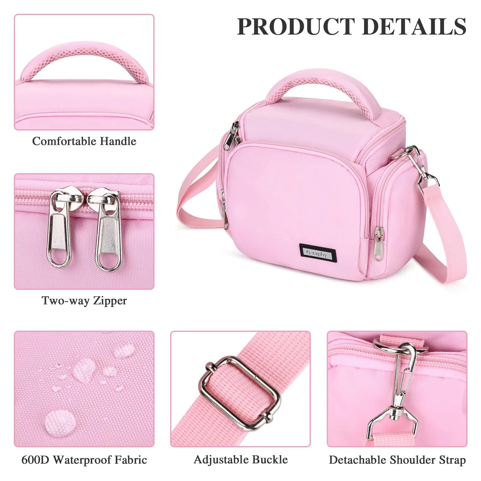 G-raphy Camera Bag SLR DSLR Mirrorless Pink Camera Case Compact Camera Shoulder Bag with Removable Strap Waterproof for Women and Men - Image 5