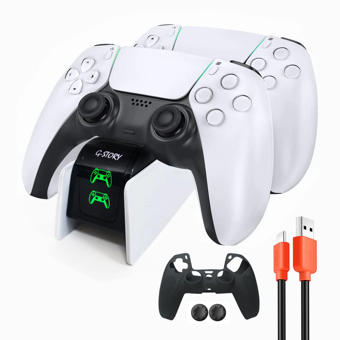 G-STORY PS5 Charging Station, Upgraded PS5 Controller Charging Station with LED Indicator Controller Skin & 1.5M Charging Cable, Safety Chip Protection, Adjustable Support Plate Dual, Fast Charging For PS5