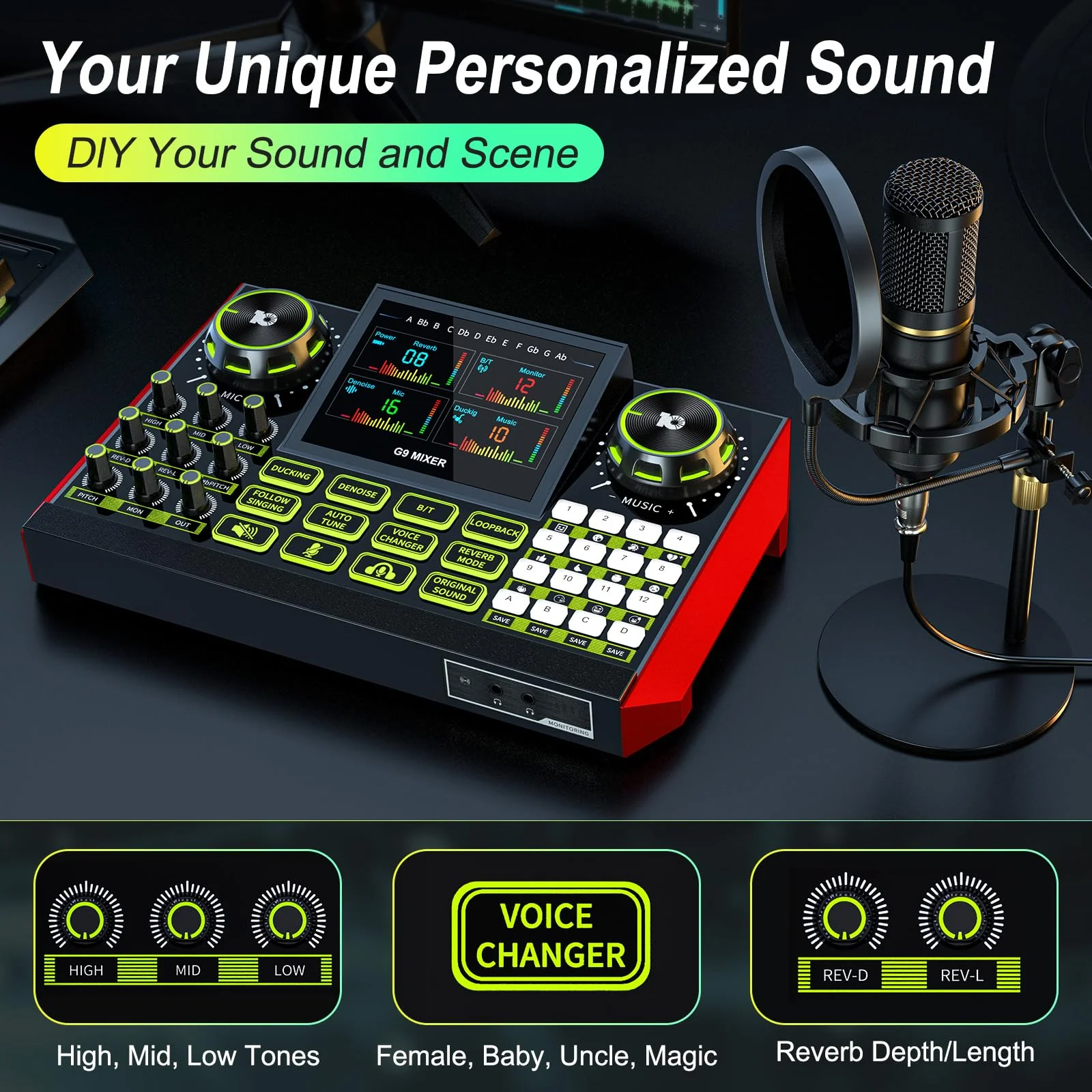 G9 Podcast Equipment Bundle Audio Mixer,All-in-One Sound Board for Live Streaming, Podcast Recording, Phone, PC, Singing, DJ,Gaming, Voice Changer. - Image 2