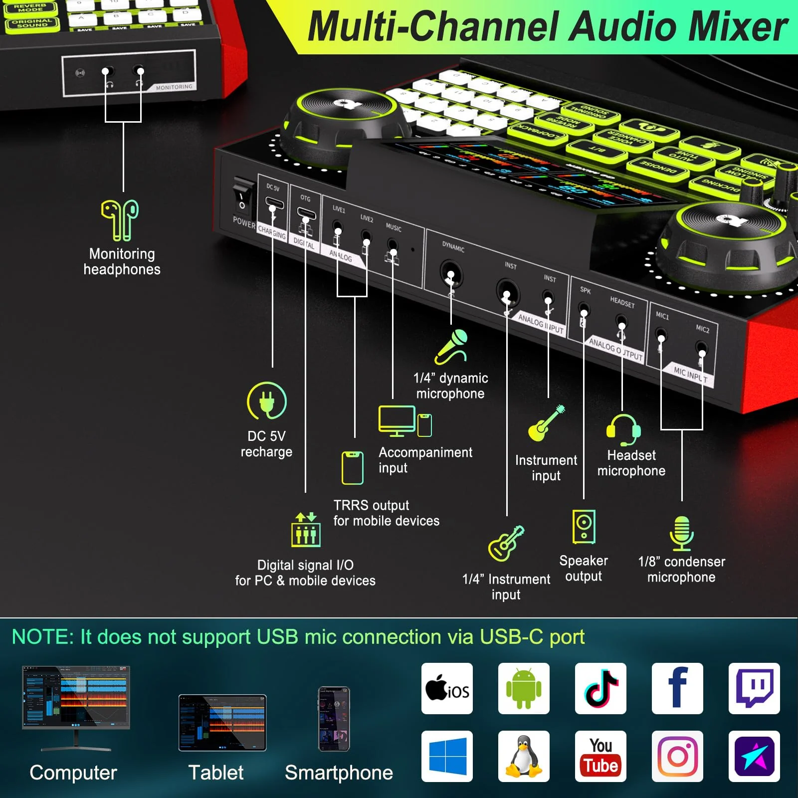 G9 Podcast Equipment Bundle Audio Mixer,All-in-One Sound Board for Live Streaming, Podcast Recording, Phone, PC, Singing, DJ,Gaming, Voice Changer. - Image 6