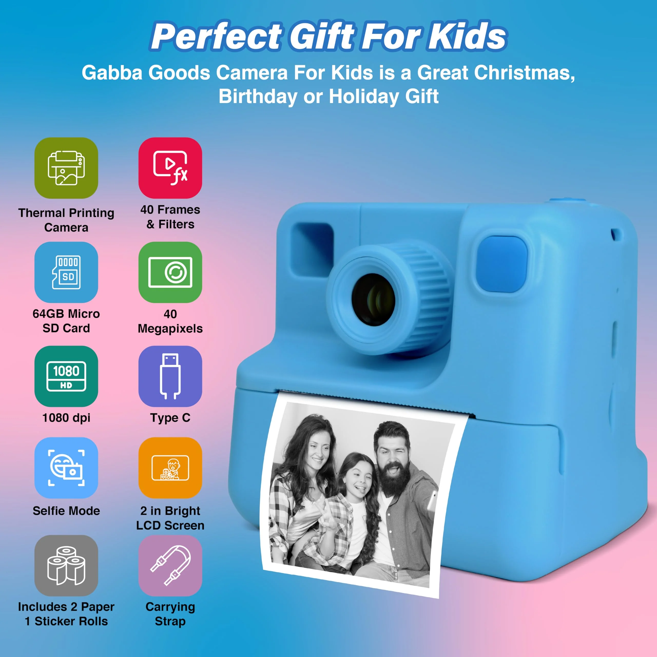GabbaGoods Instant Print Kids Camera For 3 4 5 6 7 8 9 Year Old Kids With 32GB SD Card, Instant Thermal Print Feature Best For Gift On Christmas/Birthday/Holiday | Toddler Camera | Kids Digital Camera Blue - Image 2
