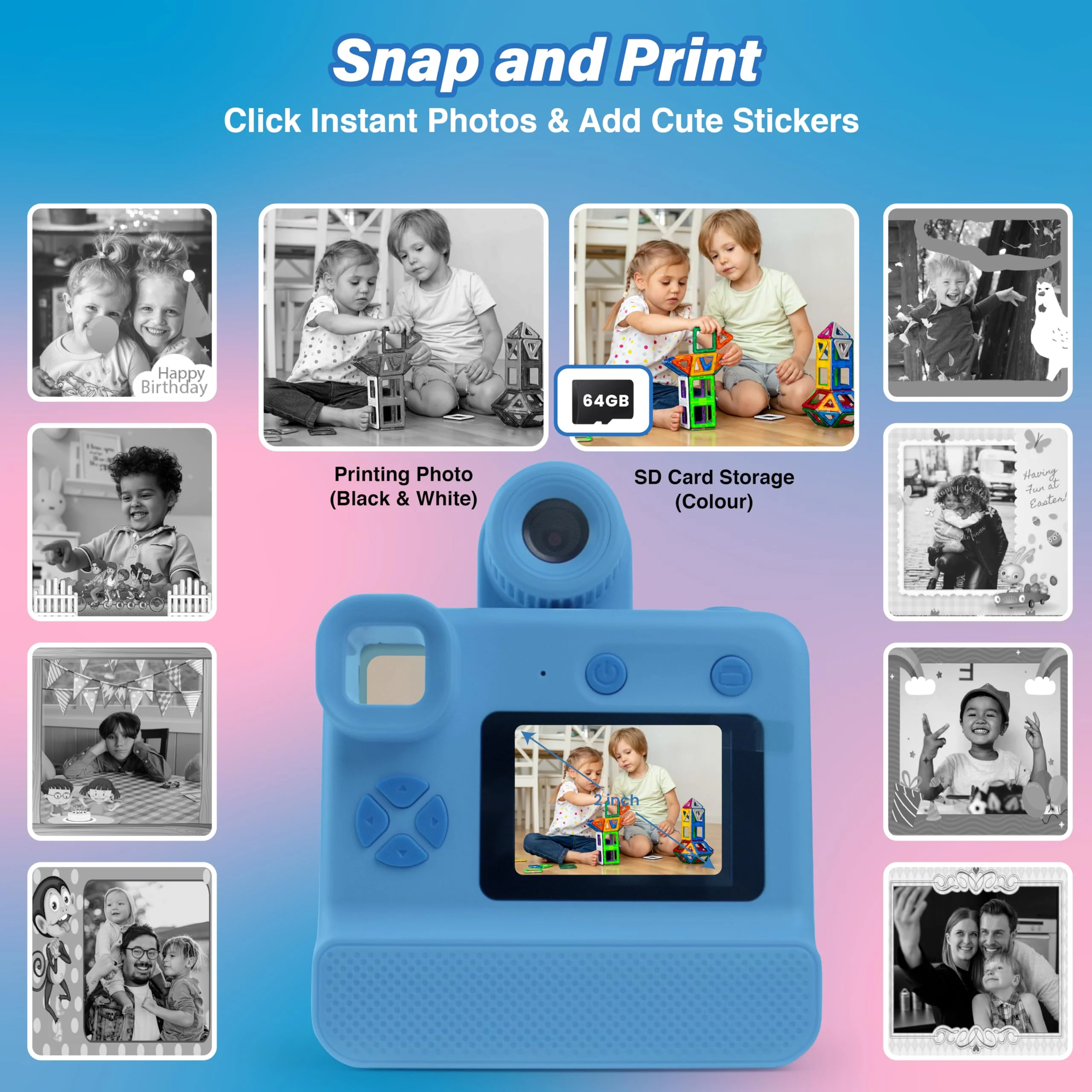 GabbaGoods Instant Print Kids Camera For 3 4 5 6 7 8 9 Year Old Kids With 32GB SD Card, Instant Thermal Print Feature Best For Gift On Christmas/Birthday/Holiday | Toddler Camera | Kids Digital Camera Blue - Image 3