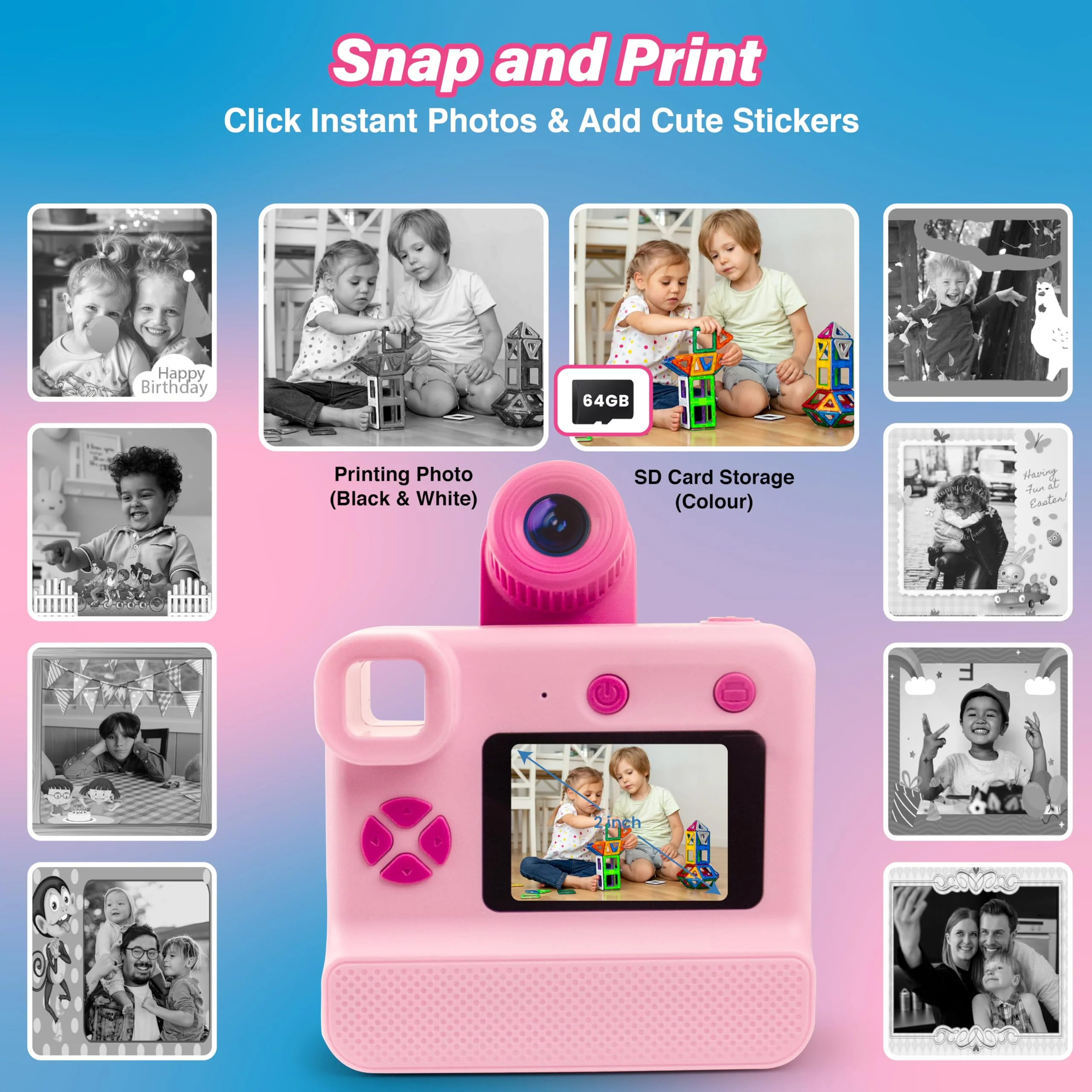 GabbaGoods Instant Print Kids Camera For 3 4 5 6 7 8 9 Year Old Kids With 32GB SD Card, Instant Thermal Print Feature Best For Gift On Christmas/Birthday/Holiday | Toddler Camera | Kids Digital Camera Pink - Image 3