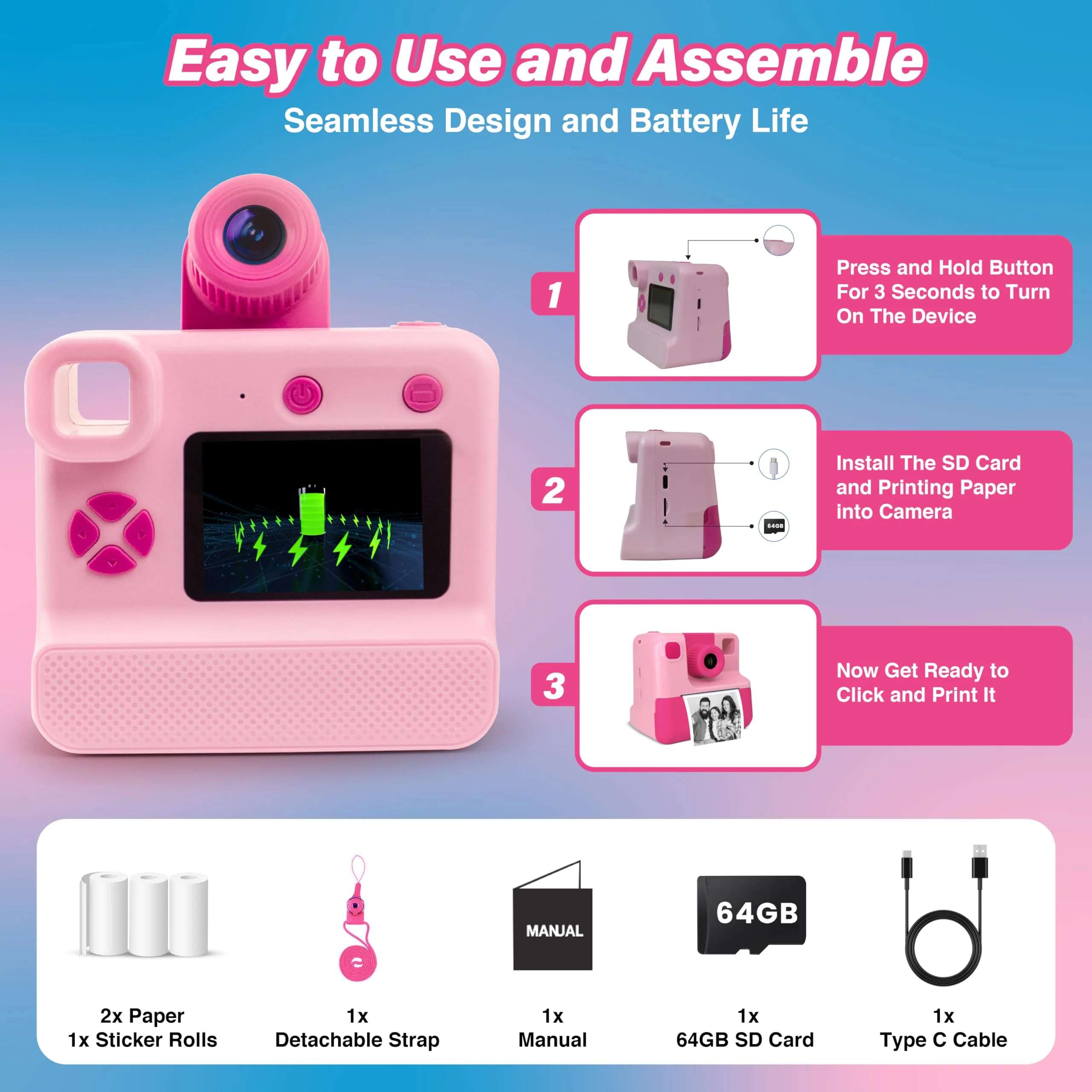 GabbaGoods Instant Print Kids Camera For 3 4 5 6 7 8 9 Year Old Kids With 32GB SD Card, Instant Thermal Print Feature Best For Gift On Christmas/Birthday/Holiday | Toddler Camera | Kids Digital Camera Pink - Image 6