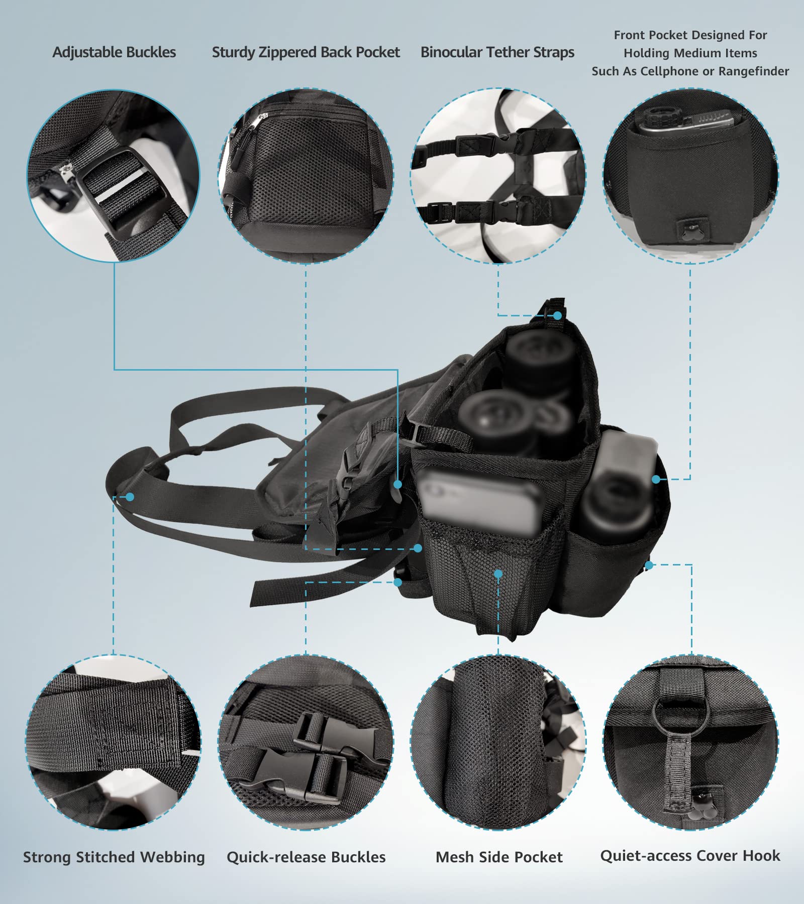 GAIARENA Waterproof Binocular Harness Chest Pack, Bino Harness Case with Rangefinder & Cellphone Pocket for 20x50 Binoculars(Full Size) Full Size - Image 4