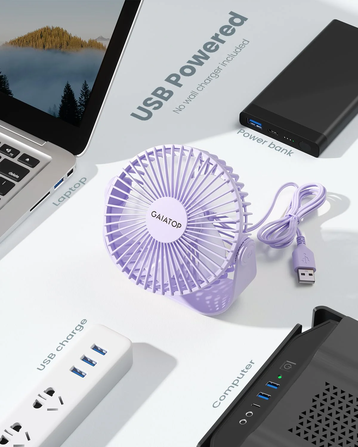 Gaiatop USB Desk Fan, 3 Speeds Portable Small Fan with Strong Airflow, 5.5 Inch Quiet Table Fan, 90° Rotate Personal Cooling Fan For Bedroom Home Office Desktop Travel (Purple) Purple - Image 6