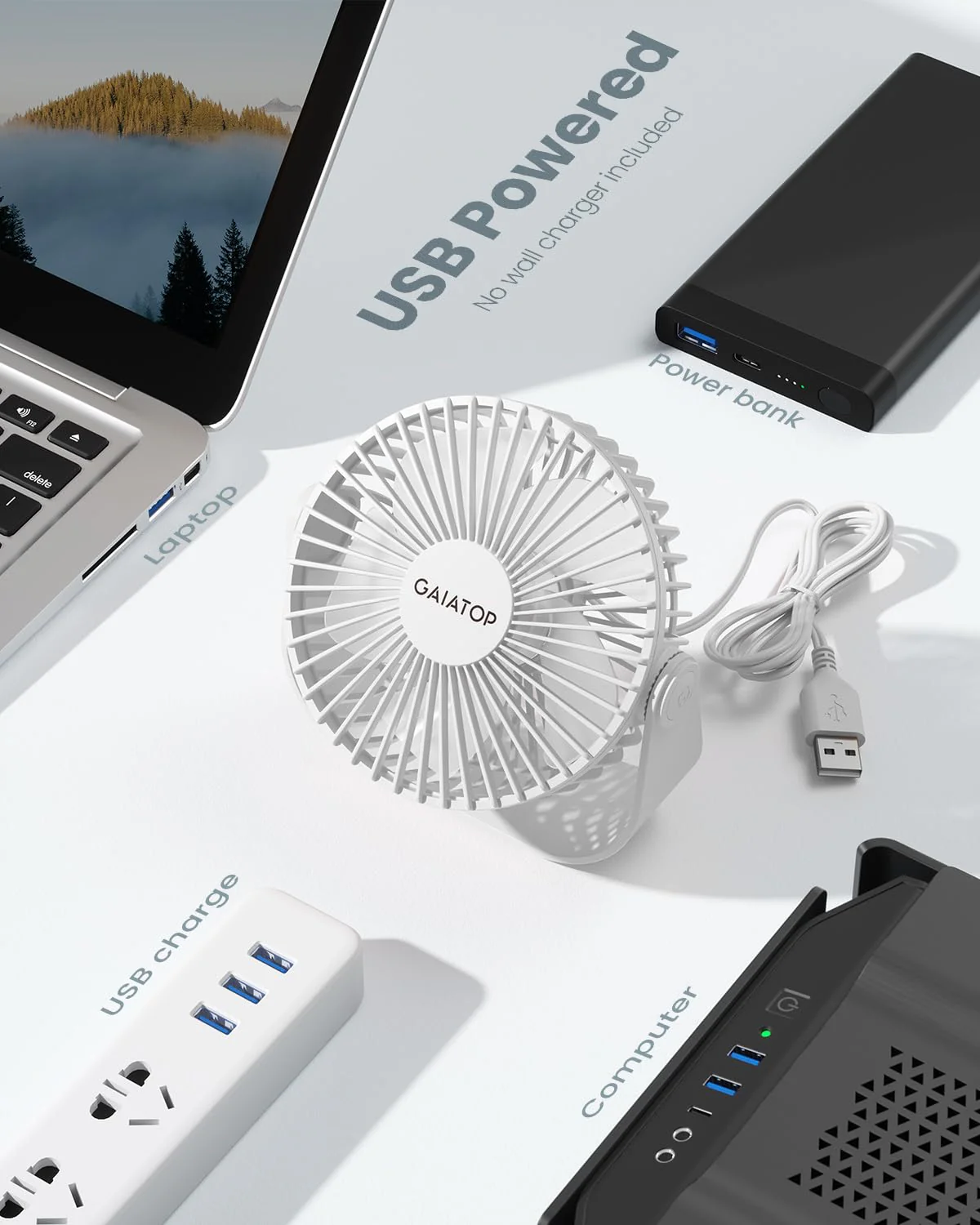 Gaiatop USB Desk Fan, 3 Speeds Portable Small Fan with Strong Airflow, 5.5 Inch Quiet Table Fan, 90° Rotate Personal Cooling Fan For Bedroom Home Office Desktop Travel (White) White - Image 6