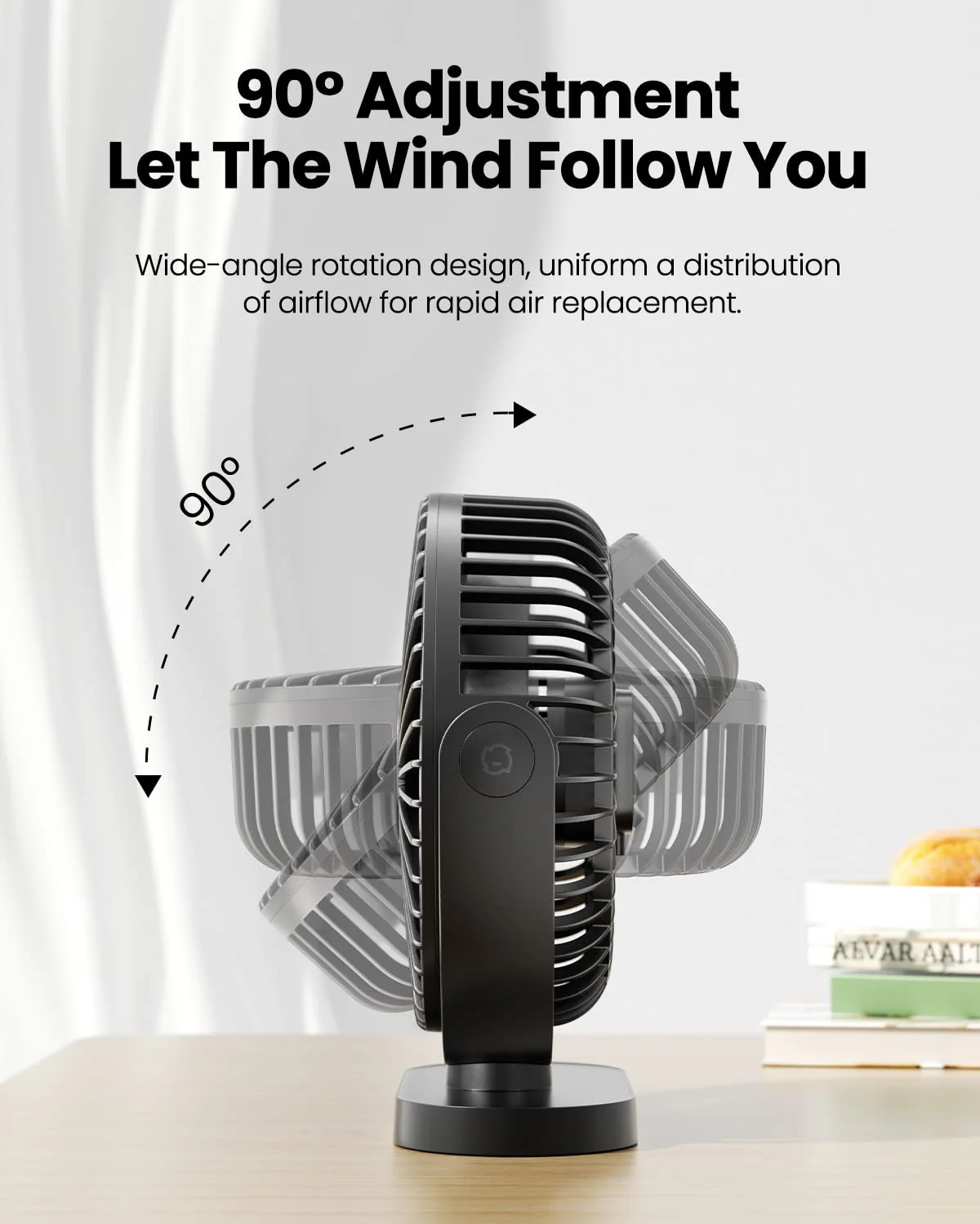 Gaiatop USB Desk Fan, 3 Speeds Powerful Portable Fan, 5.5 Inch Quiet Cooling Mini Fan, 90° Rotate Small Table Fan with 5ft Cable Personal Fan for Desktop Home Office Travel Black - Image 4