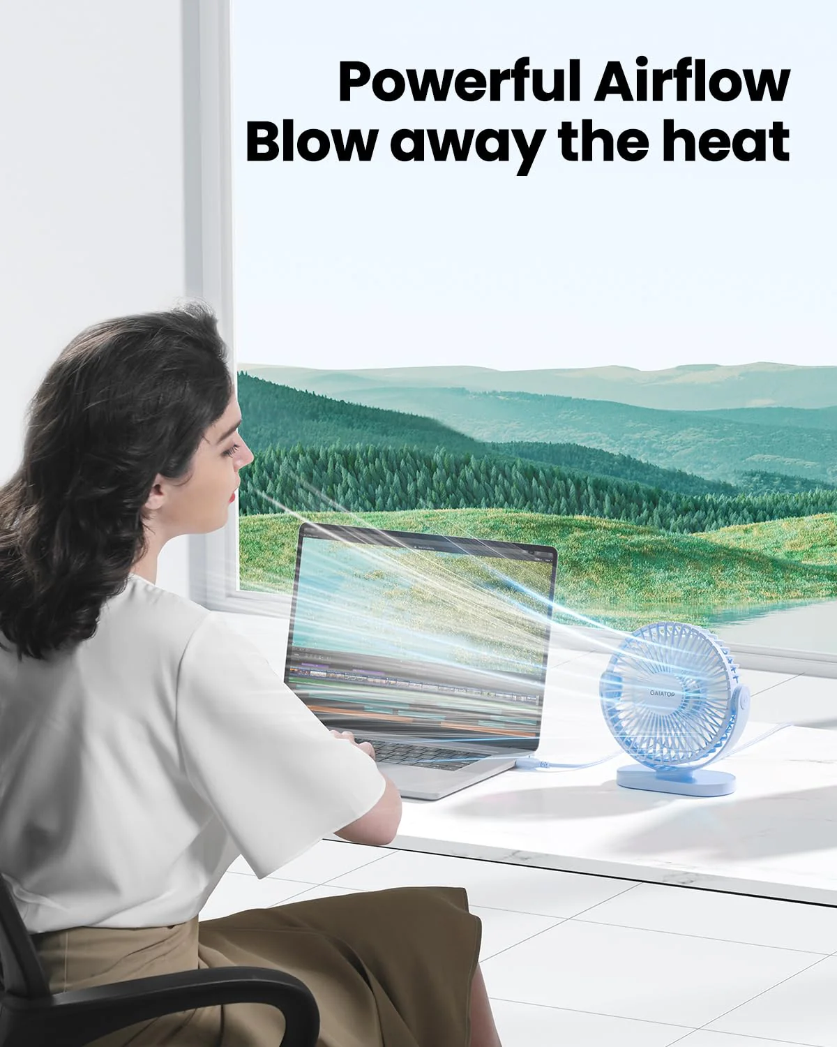 Gaiatop USB Desk Fan, 3 Speeds Powerful Portable Fan, 5.5 Inch Quiet Cooling Mini Fan, 90° Rotate Small Table Fan with 5ft Cable Personal Fan for Desktop Home Office Travel Blue - Image 2