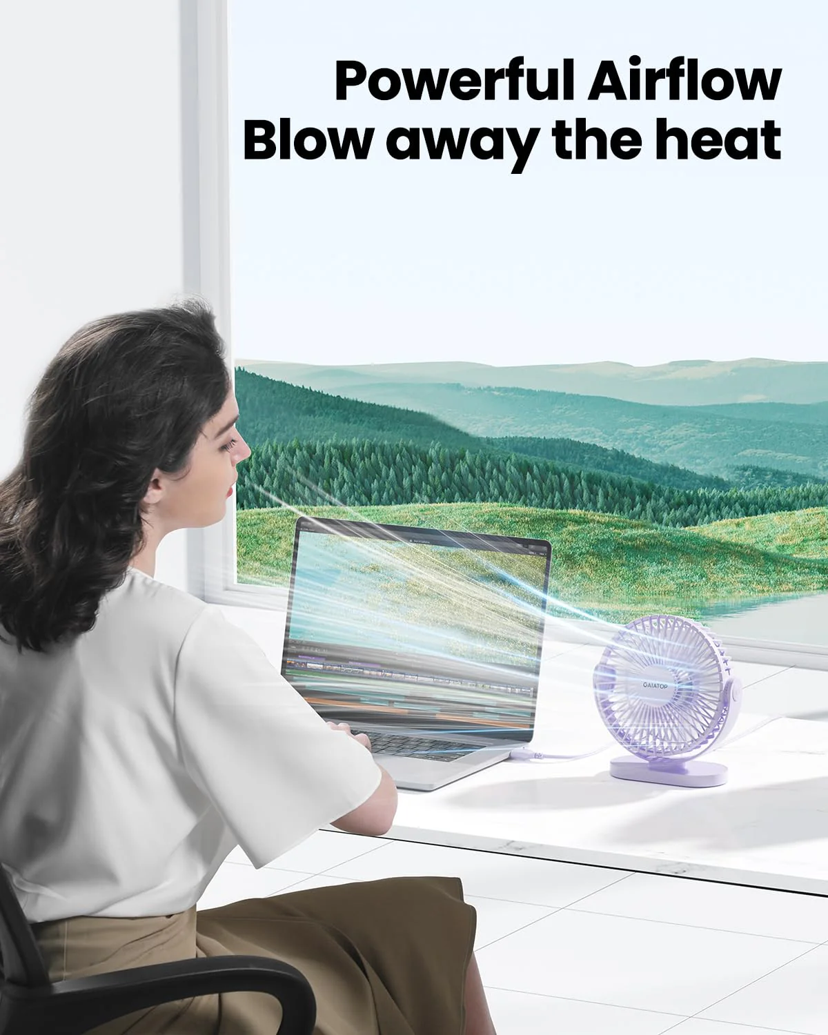 Gaiatop USB Desk Fan, 3 Speeds Powerful Portable Fan, 5.5 Inch Quiet Cooling Mini Fan, 90° Rotate Small Table Fan with 5ft Cable Personal Fan for Desktop Home Office Travel Purple - Image 2
