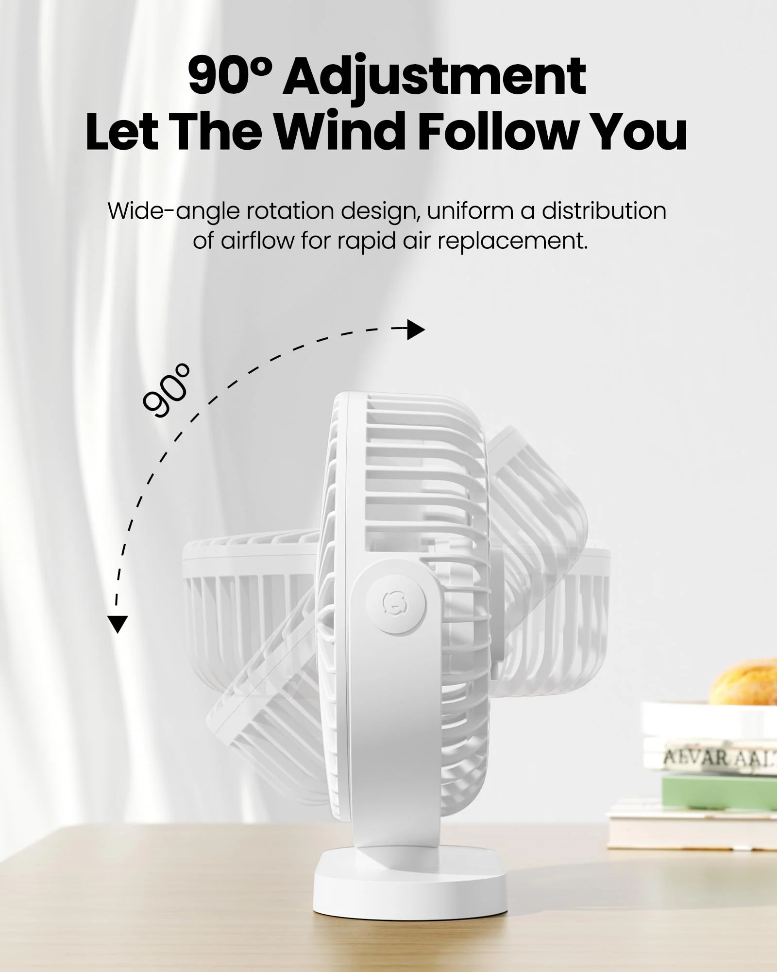 Gaiatop USB Desk Fan, 3 Speeds Powerful Portable Fan, 5.5 Inch Quiet Cooling Mini Fan, 90° Rotate Small Table Fan with 5ft Cable Personal Fan for Desktop Home Office Travel White - Image 6