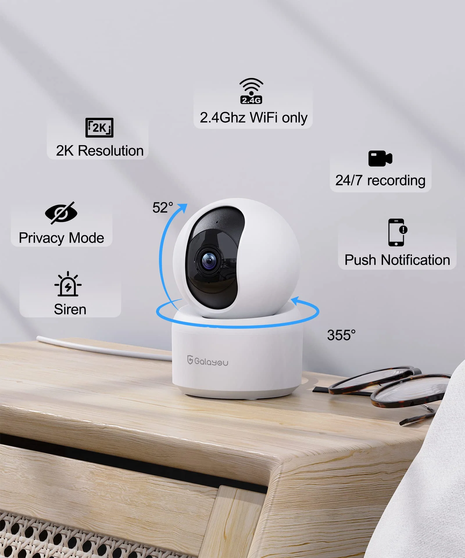 GALAYOU Indoor Security Camera 2K, Pet Camera, 360 Degree WiFi Home Security Camera for Baby/Elder/Nanny with Night Vision, Siren, 24/7 SD Card Storage, Works with Alexa and Google Assistant G2 1 Count (Pack of 1) - Image 2
