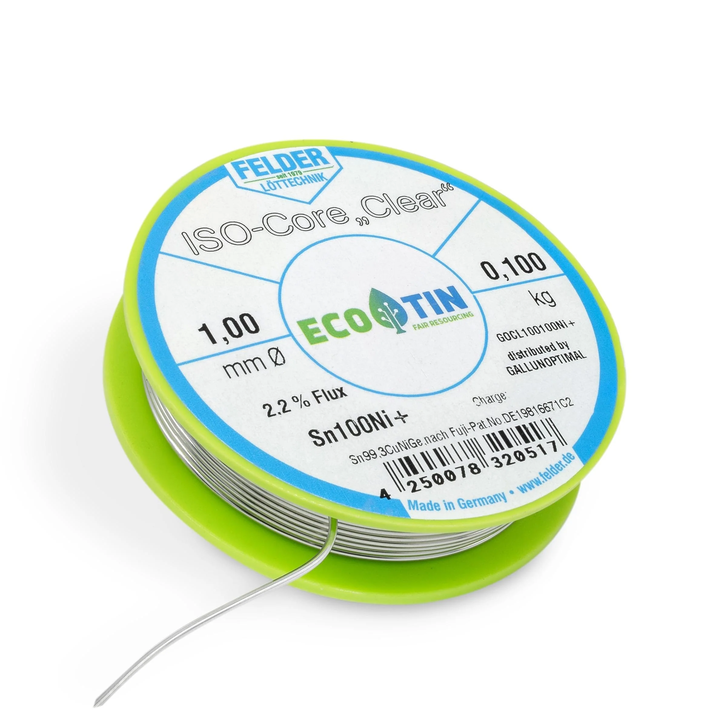 GALLUNOPTIMAL Solder Tin ISO Core Soldering Wire Clear Sn100Ni+ Sn99.3CuNiGe 1 mm on 100 g Spool Made by Felder GmbH in Germany