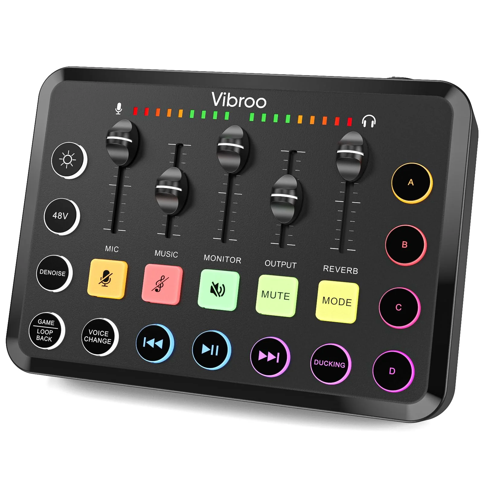 Gaming Audio Mixer, Rechargeable Audio Interface RGB PC Mixer with XLR Microphone Interface, Individual Control, Volume Fader, Mute Button, 48V Phantom Power, for Podcast/Recording