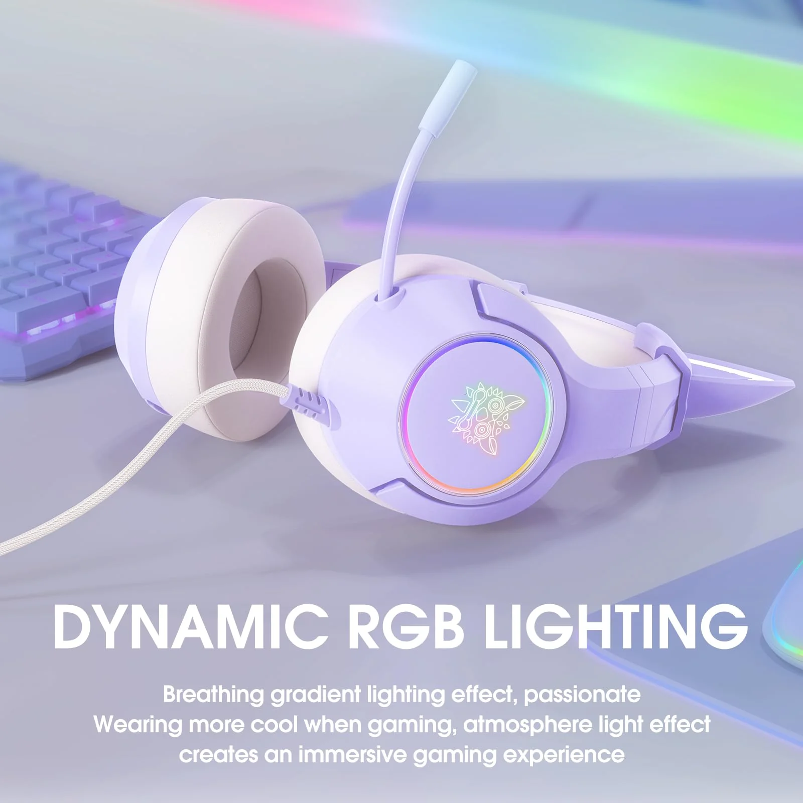 Gaming Headset for PS4, PS5, Xbox One(No Adapter), 3.5mm Wired Headphones with Detachable Cat Ears, Noise Canceling Microphone, RGB Backlight, Surround Sound, Purple - Image 3