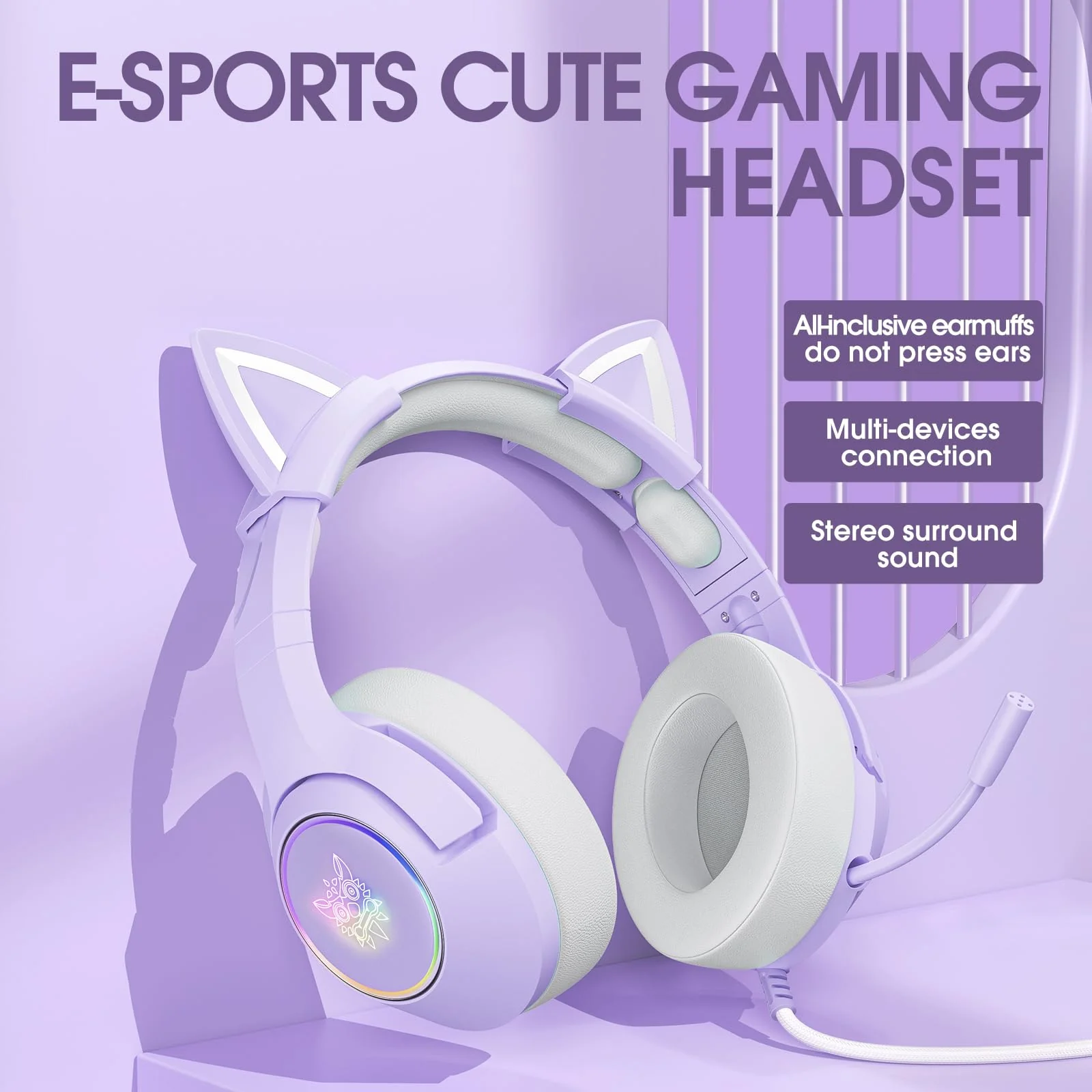 Gaming Headset for PS4, PS5, Xbox One(No Adapter), 3.5mm Wired Headphones with Detachable Cat Ears, Noise Canceling Microphone, RGB Backlight, Surround Sound, Purple - Image 4