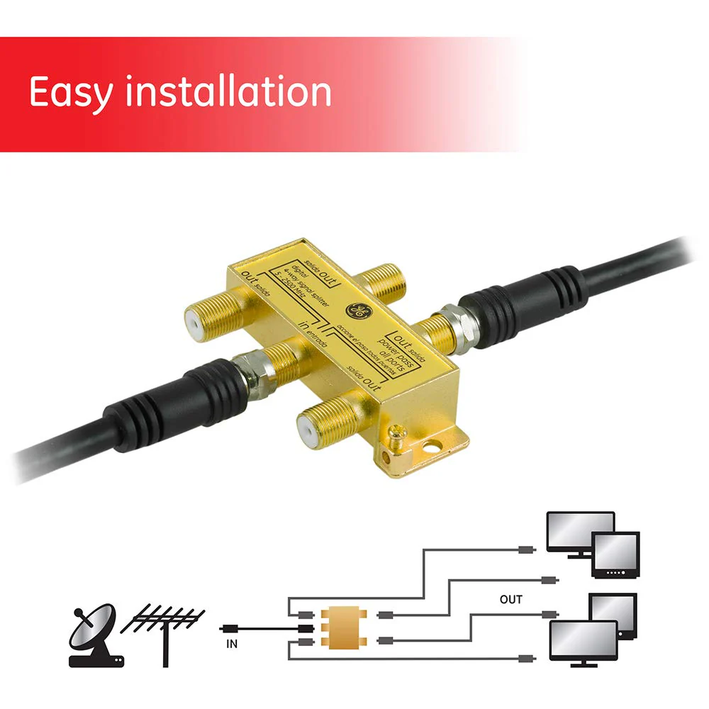 GE Digital 4-Way Coaxial Cable Splitter, 2.5 GHz 5-2500 MHz, RG6 Compatible, Works with HD TV, Satellite, High Speed Internet, Amplifier, Antenna, Gold Plated Connectors, Corrosion Resistant, 33527 1 Pack - Image 2