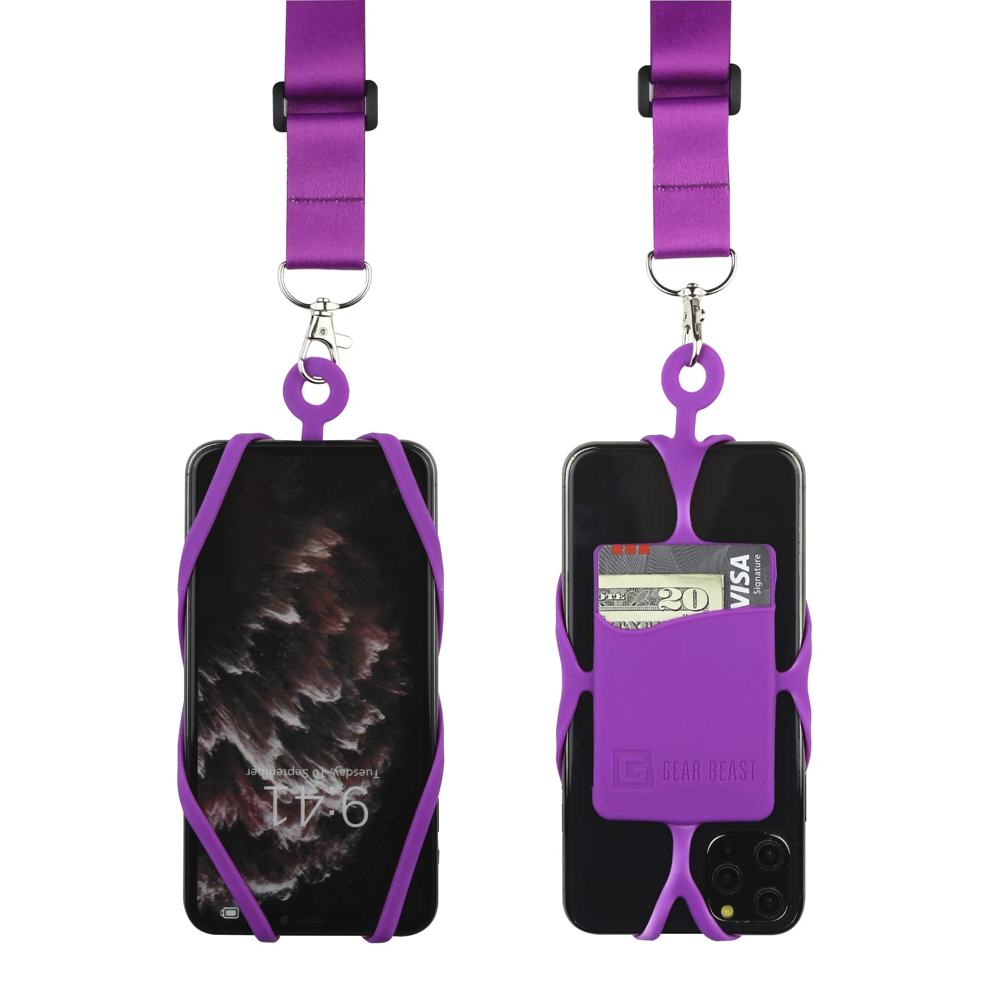 Gear Beast Cell Phone Lanyard with Adjustable Neck Strap Compatible with iPhone Galaxy & Most Smartphones, Silicone Phone Holder with Card Pocket and Adjustable Satin Polyester Lanyard Purple