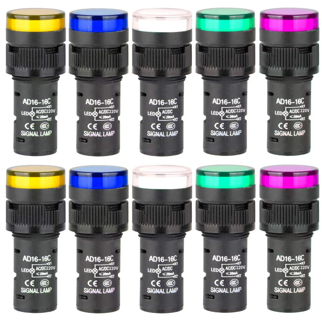 Gebildet Pack of 10 16 mm Indicator Light 220-380 VAC LED Flush Panel Mount (Red/Green/Blue/Orange/White, Each Colour 2 Pieces)