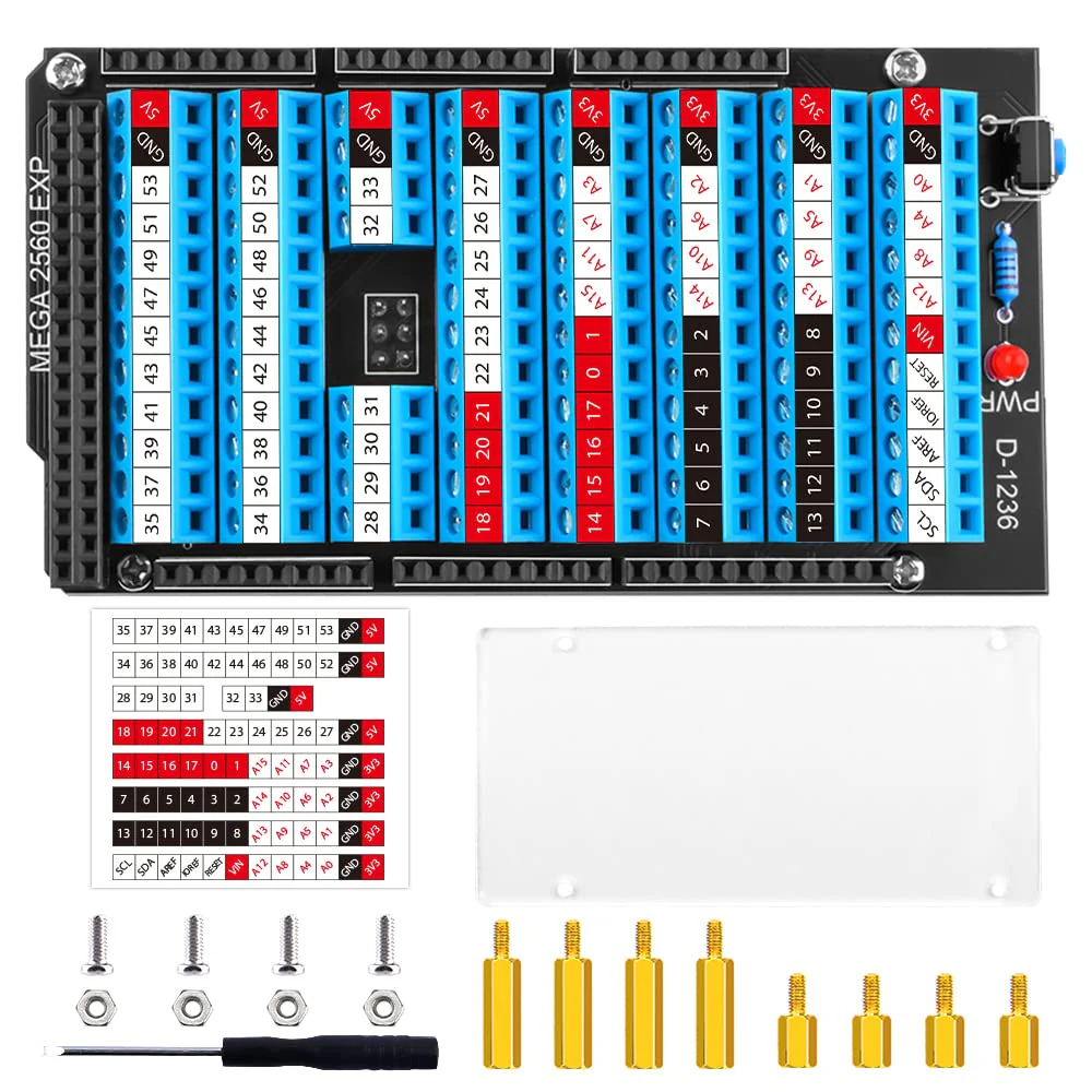GeeekPi Mega 2560 R3 Terminal Block Breakout Board Hat with Reset Button and LED Indicator, GPIO Expansion Board Breakout Module for Arduino Mega 2560 R3