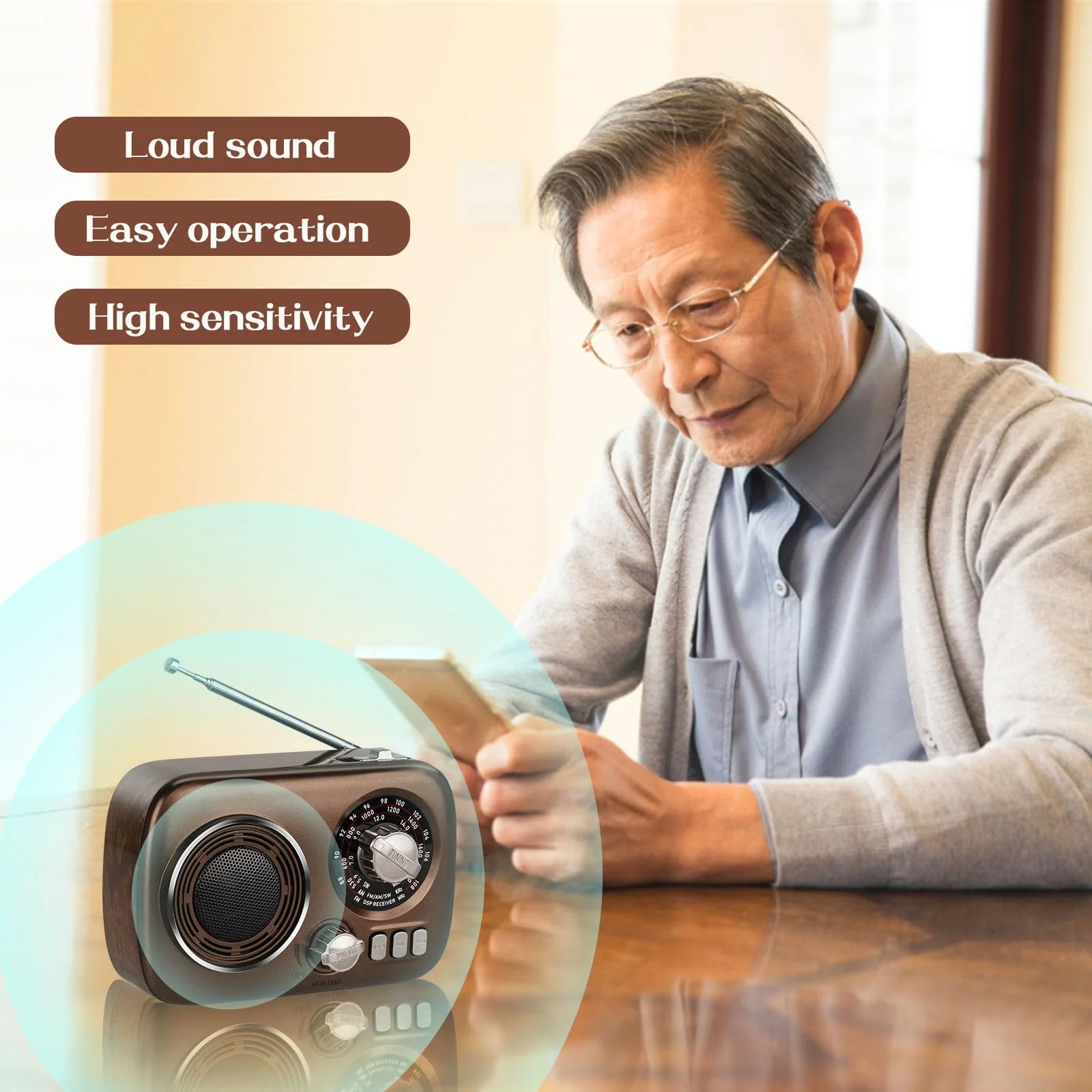 Gelielim Portable Radio AM FM, Bluetooth Speaker Retro Radio, Support USB/TF Card, Rechargeable Battery Operated, Suitable for Indoor&Outdoor, Gift for Parents - Image 6