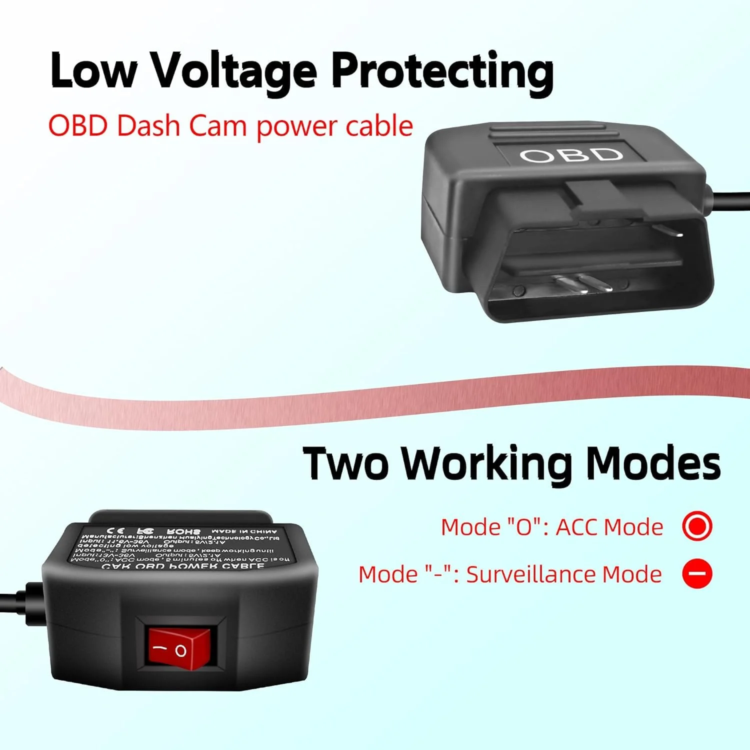 GELRHONR OBD Power Cable for Dash Camera, OBD2 Diagnostic Extension Adapter to 90Degree Mini USB with Switch Button, 24 Hours Surveillance/Acc Mode 12-24V to 5V/3A, for Dashcam, GPS -3.5M/11.5Ft - Image 3