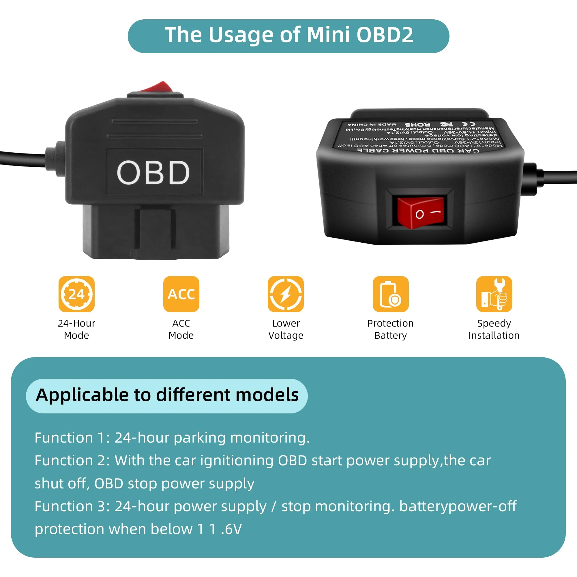 GELRHONR OBD Power Cable for Dash Camera, OBD2 Diagnostic Extension Adapter to 90Degree Mini USB with Switch Button, 24 Hours Surveillance/Acc Mode 12-24V to 5V/3A, for Dashcam, GPS -3.5M/11.5Ft - Image 5