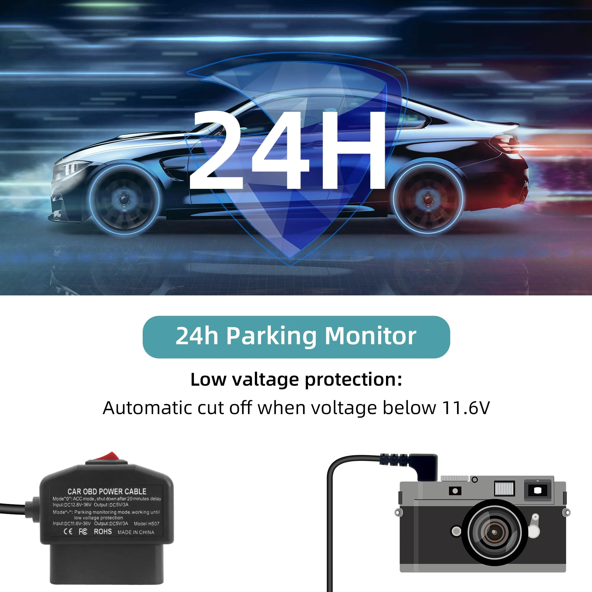 GELRHONR OBD Power Cable for Dash Camera, OBD2 Diagnostic Extension Adapter to 90Degree Mini USB with Switch Button, 24 Hours Surveillance/Acc Mode 12-24V to 5V/3A, for Dashcam, GPS -3.5M/11.5Ft - Image 6