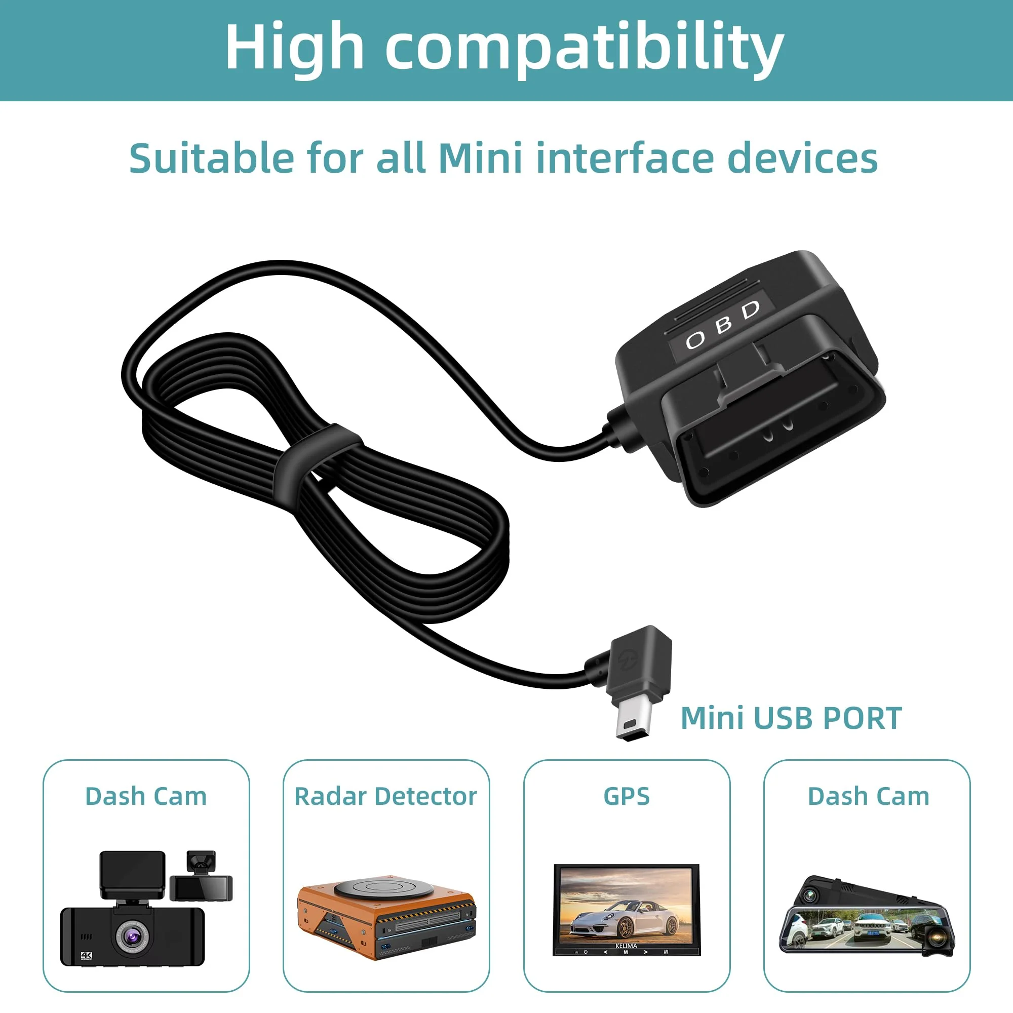 GELRHONR OBD Power Cable for Dash Camera, OBD2 Diagnostic Extension Adapter to 90Degree Mini USB with Switch Button, 24 Hours Surveillance/Acc Mode 12-24V to 5V/3A, for Dashcam, GPS -3.5M/11.5Ft - Image 7
