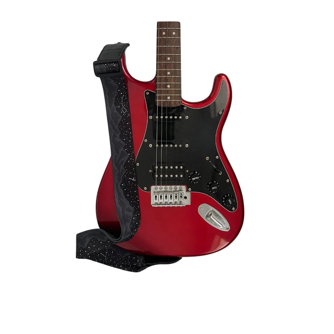Generic Midnight Mountain Star Guitar Strap, Polyester Webbing strap with Genuine Leather Ends., Black