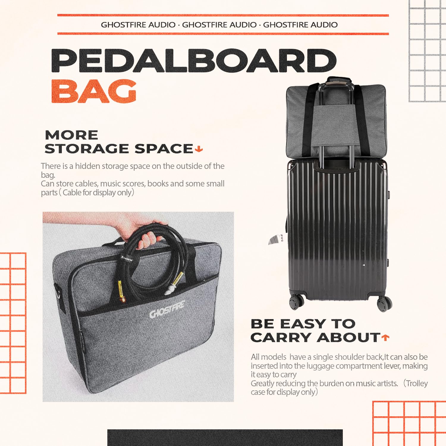 Ghost Fire Guitar Pedal Board Bag Effect Pedalboard Bag Accessory Storage Bag Carry Case 23.6x13.4x4.7in 23.6"x13.4" - Image 4
