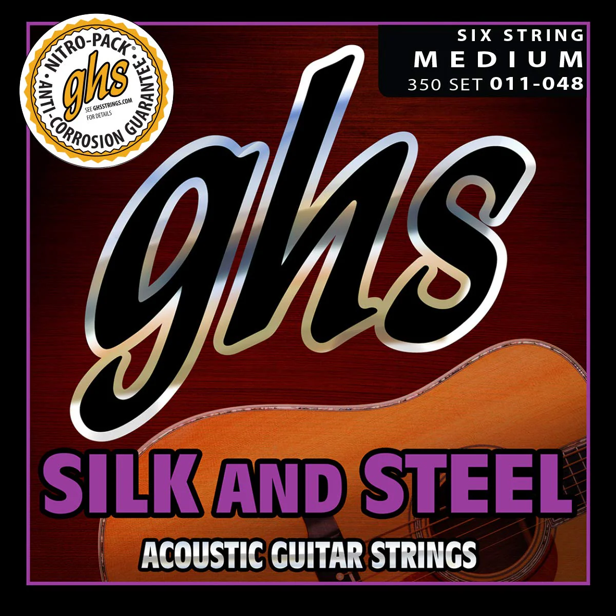 GHS Strings 350 Silk And Steel, Silver-Plated Copper Acoustic Guitar Strings, Medium (11-48) Medium (11-48) Pack of 1