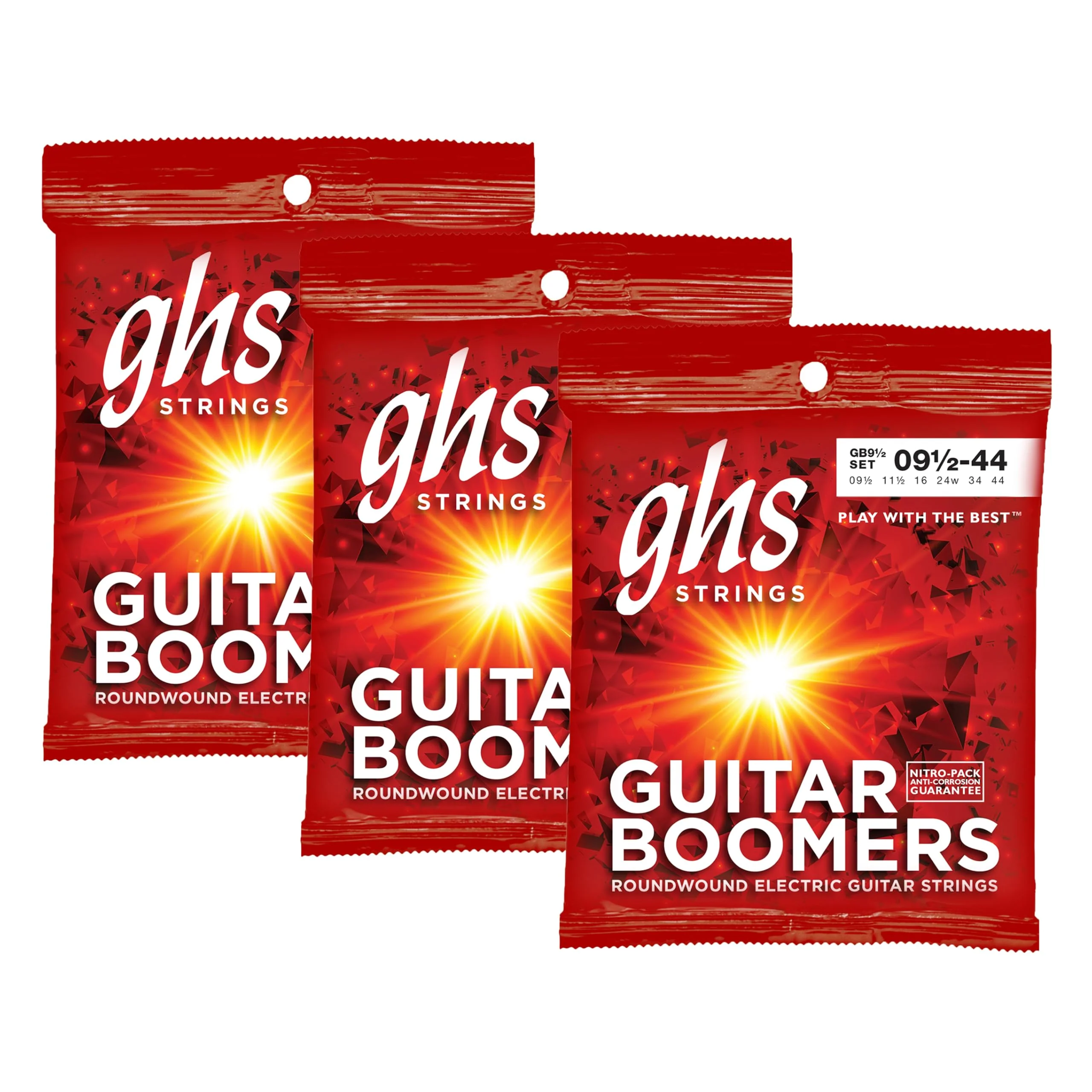 GHS Strings, GB9 1/2 Boomers, Nickel Plated Steel Electric Guitar Strings, Legendary Strength, Consistent Intonation, Long Lasting Brightness, Tone & Sustain. 6-String Guitar 9.5-44 XLT+ Gauge 3 Pack Extra Light+ (9.5-44) Pack of 3