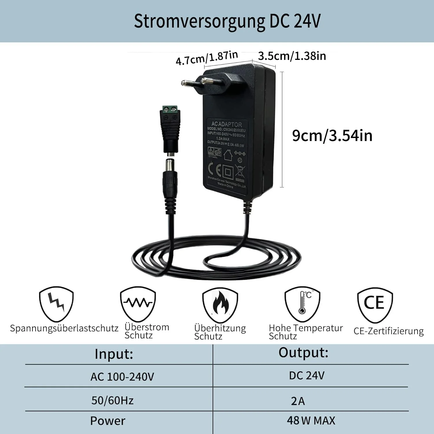 GIDEALED 24 V 2 A DC Power Supply, 48 W Adapter for COB LED Strips with 5.5 x 2.1 mm Plug-In Transformer, Low Voltage Safety Power Supply 230 V AC, 2000 mA - Image 2
