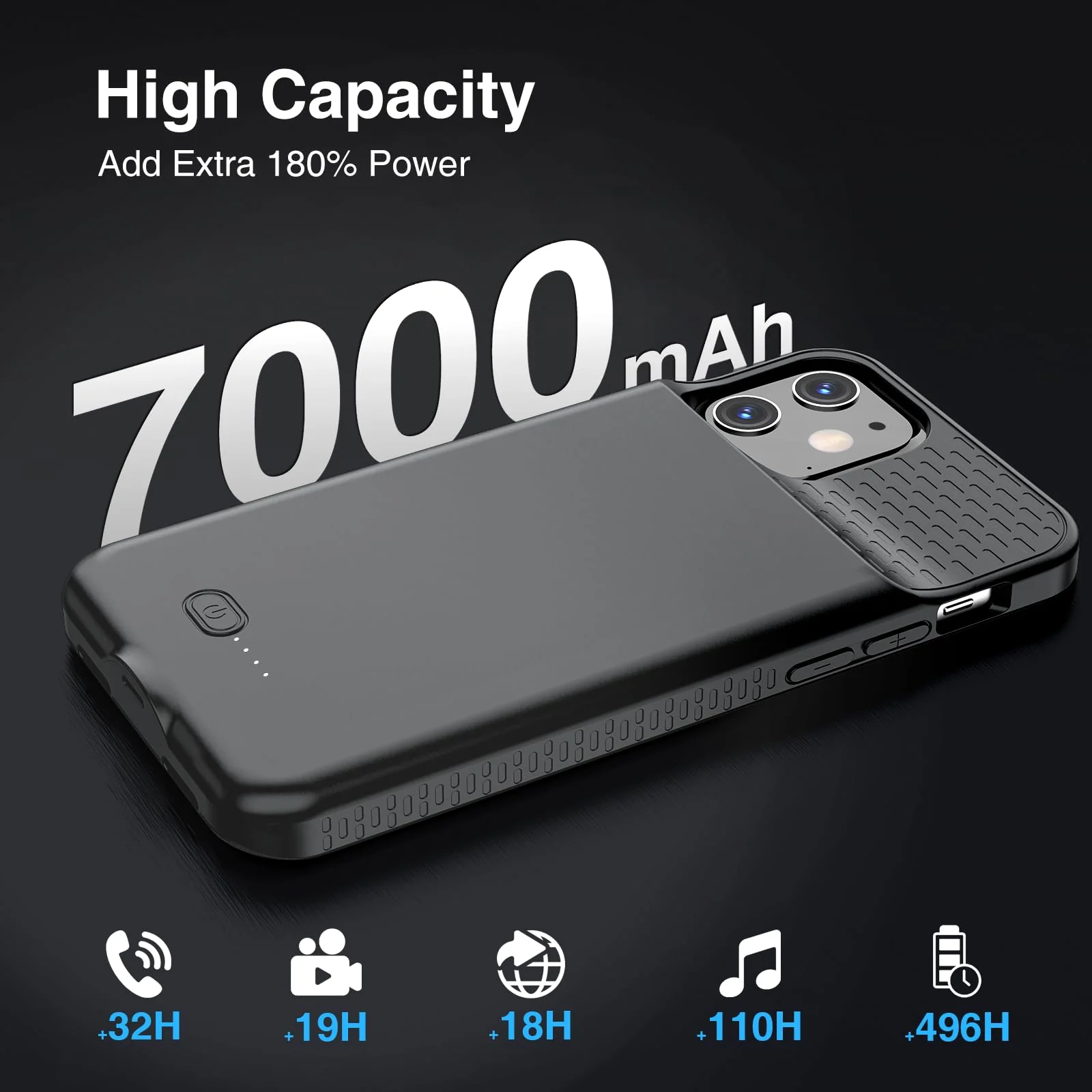 GIN FOXI Battery Case for iPhone 12/12Pro, 7000mAh Ultra-Slim Battery Charging Case Rechargeable Anti-Fall Protection Charger Cover Extended Batteries Pack for iPhone 12Pro/12 (6.1 inch) Black - Image 3
