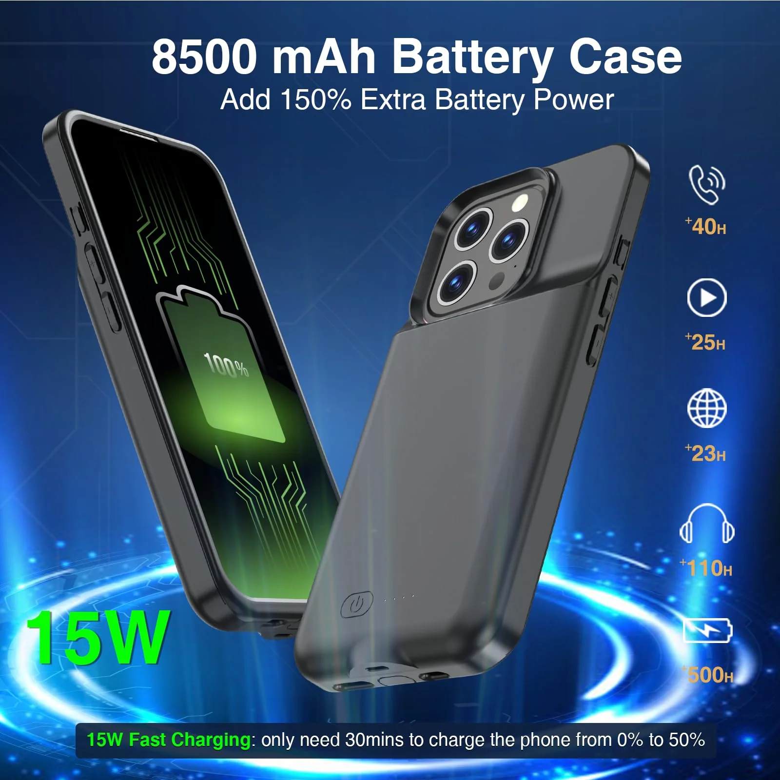 GIN FOXI Battery Case for iPhone 16 Pro Max, 15W Fast Charging Case Charger 8500mAh Ultra-Slim Lightweight Battery Pack Rechargeable Anti-Fall TPU Juice Box for iPhone 16 Pro Max (6.9 inch) Black for iPhone 16 Pro Max(6.9") - Image 3